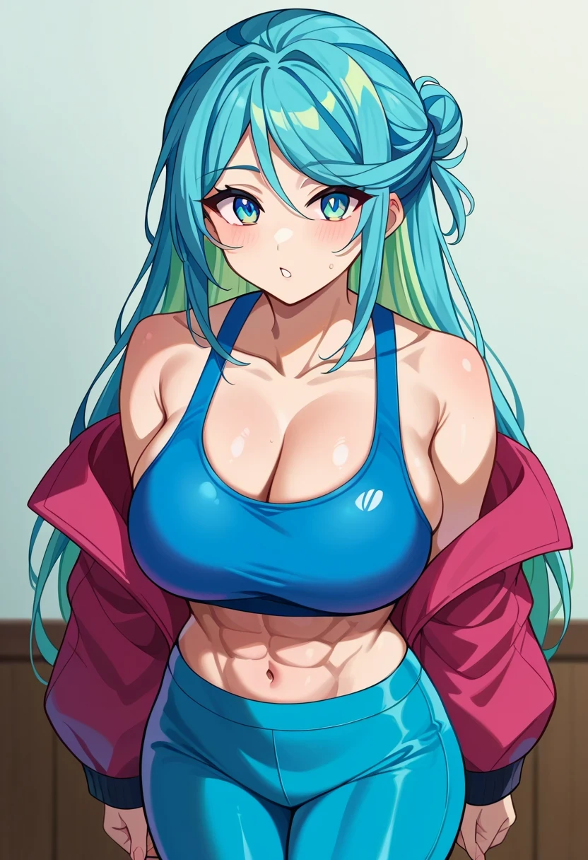 score 9 、score 8 up、masterpiece、 top quality、 high resolution、、1woman、Alone、 long hair、aqua eyes、Blue Hair、Green Hair、aqua hair、multicolored hair、hair bun、half up hair、Big Breasts、cleavage、midriff、abs、stomach、collarbone、 woman with very big breasts 、 light blue sports bra 、light blue pantyhose、sports bra with an light blue、 Tight Body 、pantyhose with an light blue、sports bra and pantyhose only、 is standing、looking at viewer、 cowboy shot 、(female body:1.5)、