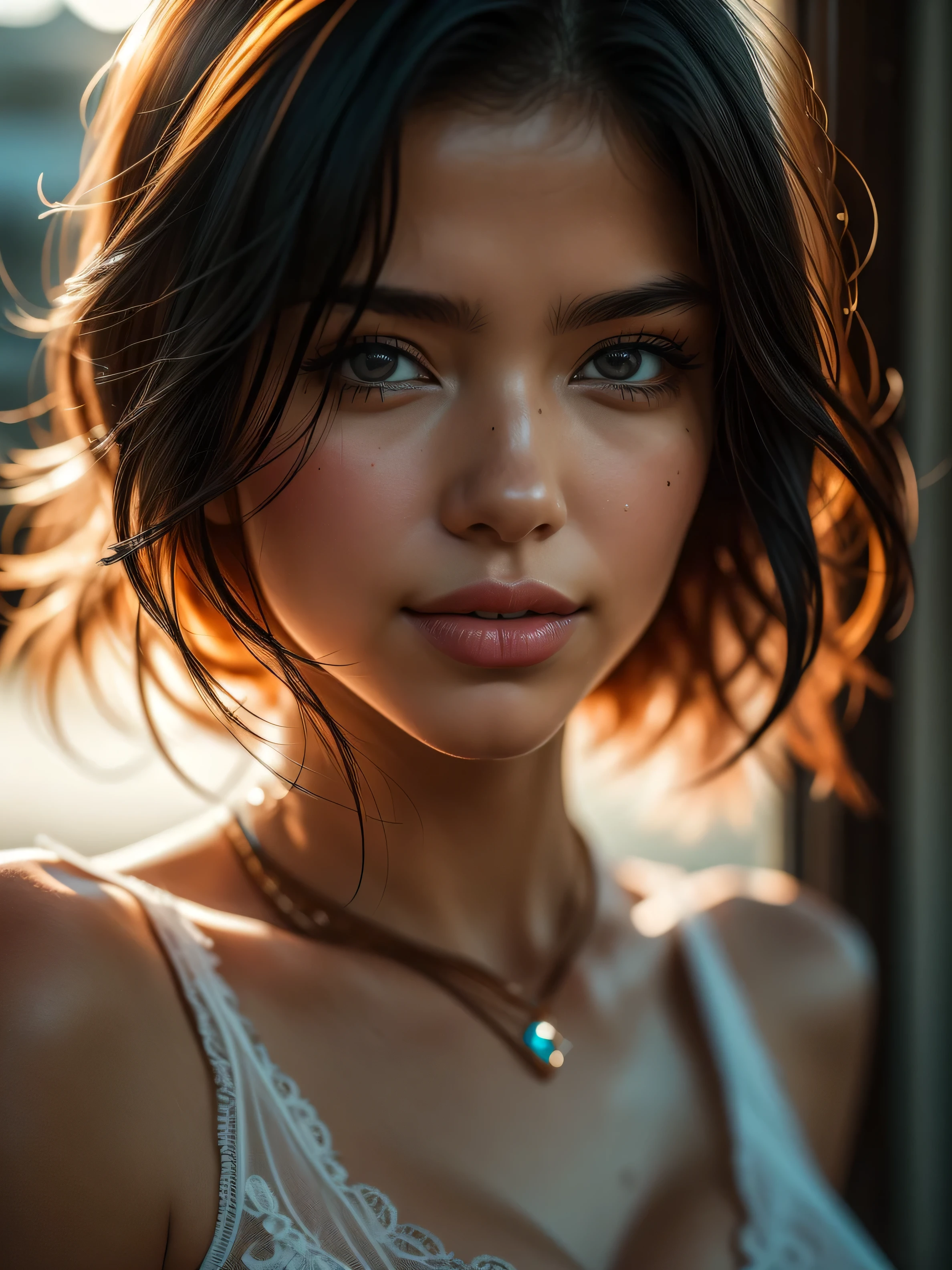 ((Masterpiece)), raw photo, Hyper realistic hyper-detailed half body portrait, UHD,  Captured with a Canon EOS R5, 1 mature woman, Extremely attractive Mature South-East asian woman, short hair, slender body, ((Natural Tear drop breast 1.7))Breasts naturally fall in a teardrop shape), Extremely detailed face, [(extremely detailed:1.5)|(matte:1.7)|healthy] human skin, (intricate detailed eyes, eye focus), she is wearing beautiful jewelry. Natural full lips, detailed facial features, provocative flirty smile, Studio lighting, romatic lighting, stunning use of shadows, high resolution, 4k, 8k