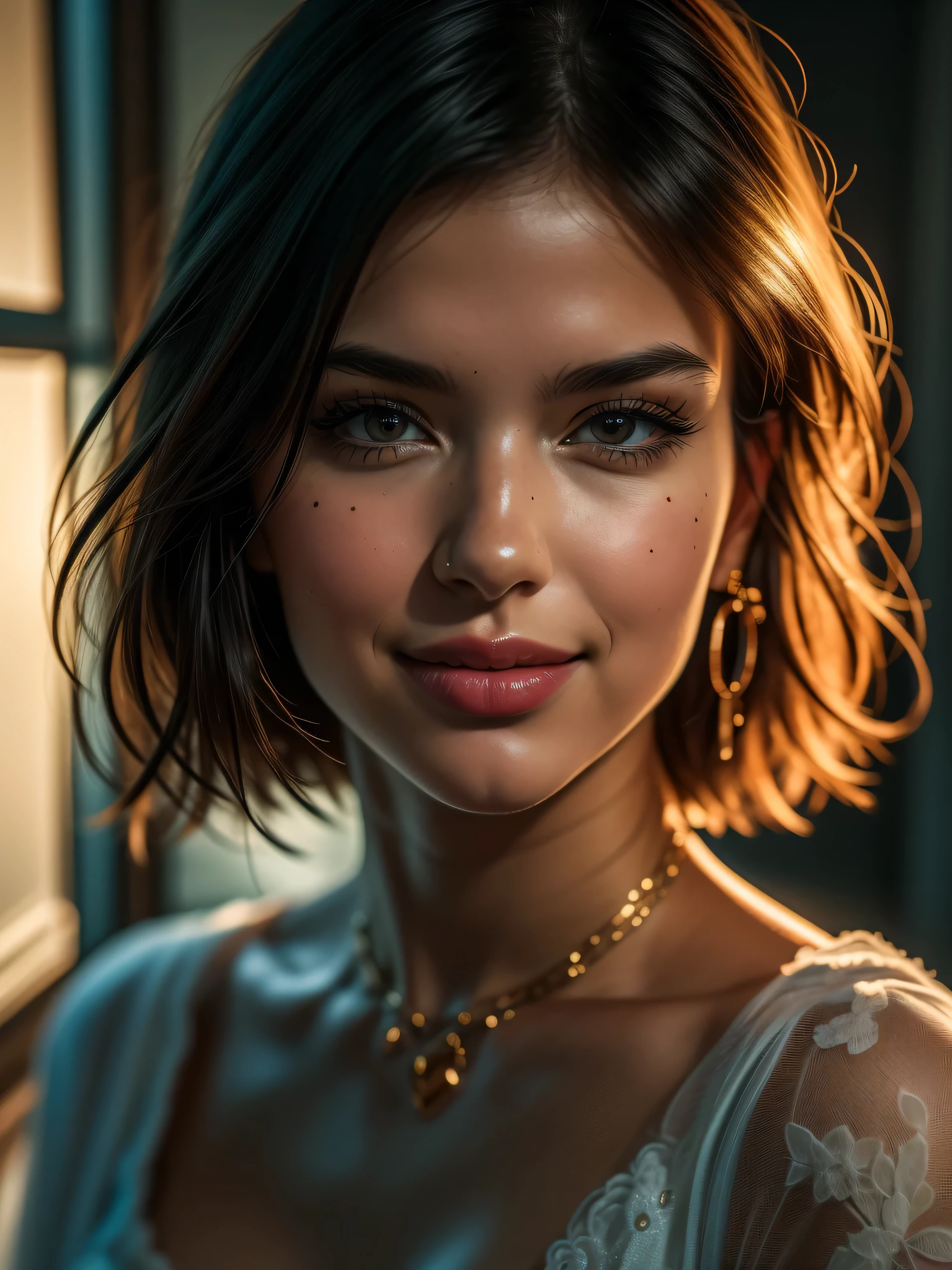 ((Masterpiece)), raw photo, Hyper realistic hyper-detailed half body portrait, UHD,  Captured with a Canon EOS R5, 1 mature woman, Extremely attractive Mature South-East asian woman, short hair, slender body, Extremely detailed face, [(extremely detailed:1.5)|(matte:1.7)|healthy] human skin, (intricate detailed eyes, eye focus), she is wearing beautiful jewelry. Natural full lips, detailed facial features, provocative flirty smile, Studio lighting, romatic lighting, stunning use of shadows, high resolution, 4k, 8k
