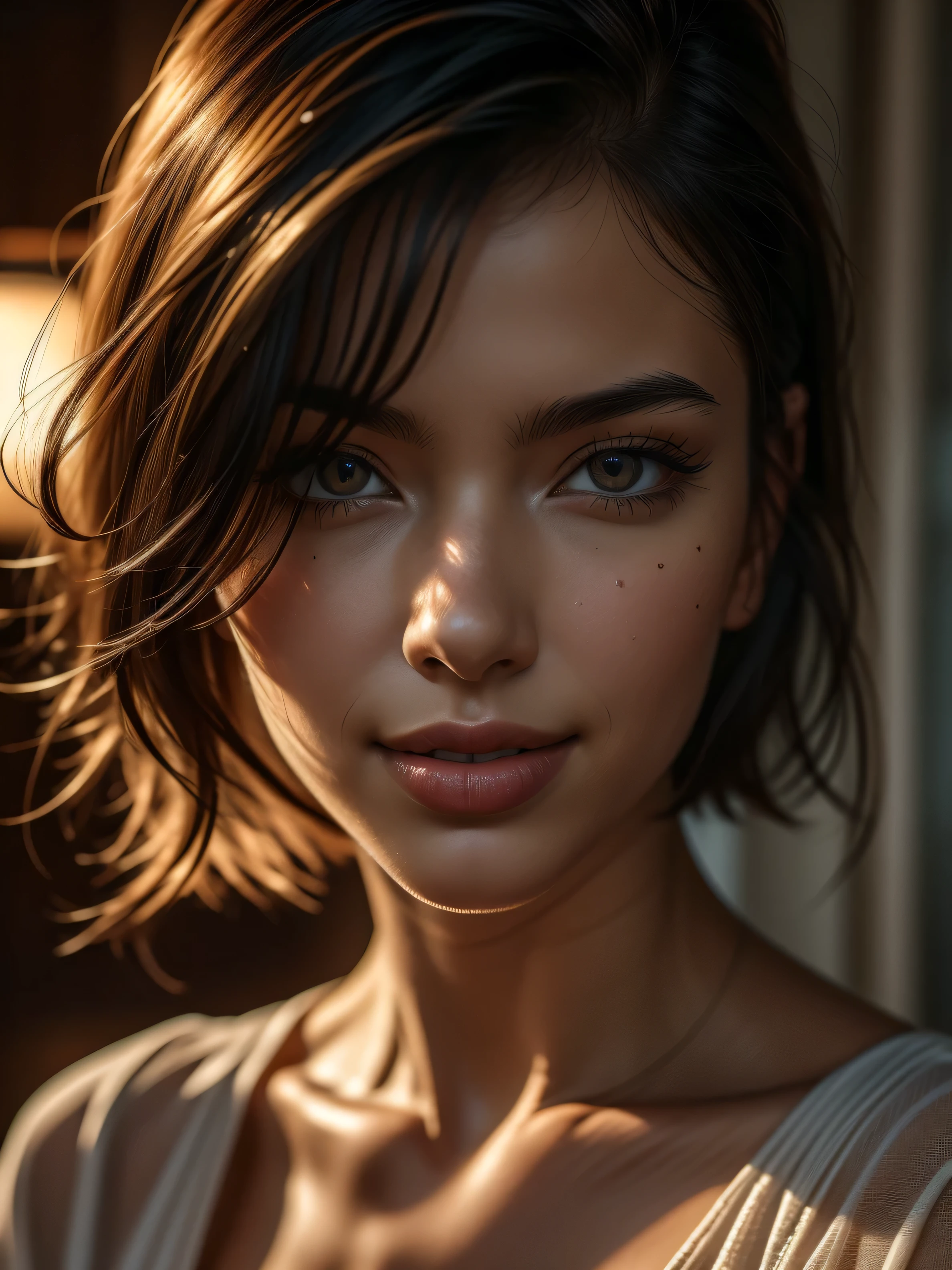 ((Masterpiece)), raw photo, Hyper realistic hyper-detailed half body portrait, UHD,  Captured with a Canon EOS R5, 1 mature woman, Extremely attractive Mature South-East asian woman, short hair, slender body, Extremely detailed face, [(extremely detailed:1.5)|(matte:1.7)|healthy] human skin, (intricate detailed eyes, eye focus), she is wearing beautiful jewelry. Natural full lips, detailed facial features, provocative flirty smile, Studio lighting, romatic lighting, stunning use of shadows, high resolution, 4k, 8k