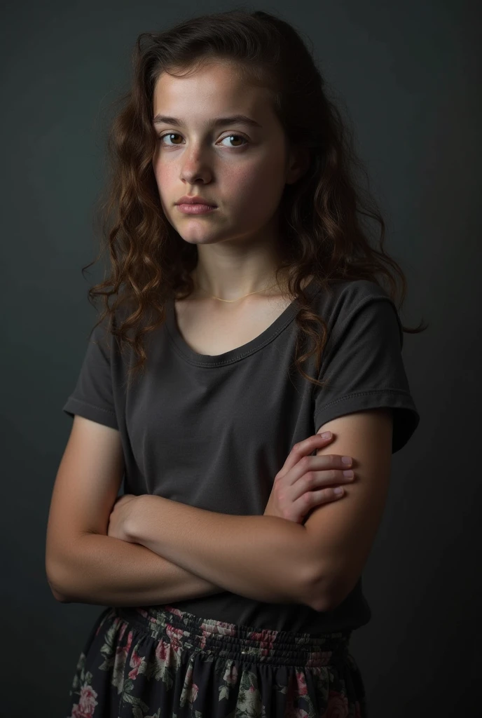 fully naked girl covering herself with arms looking at camera with a sad face