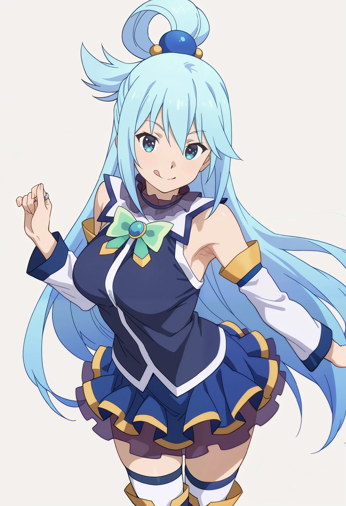 (masterpiece, best quality, high quality, highres, ultra-detailed), 1girl,  source anime, 1girl, solo, aqua \(konosuba\), long hair, blue eyes, hair ornament, very long hair, blue hair, hair rings, single hair ring, hair bobbles,
skirt, shirt, thighhighs, bare shoulders, detached sleeves, white thighhighs, blue skirt, blue shirt, green bow,, armpit focus, looking at viewer, licking lips, simple background
