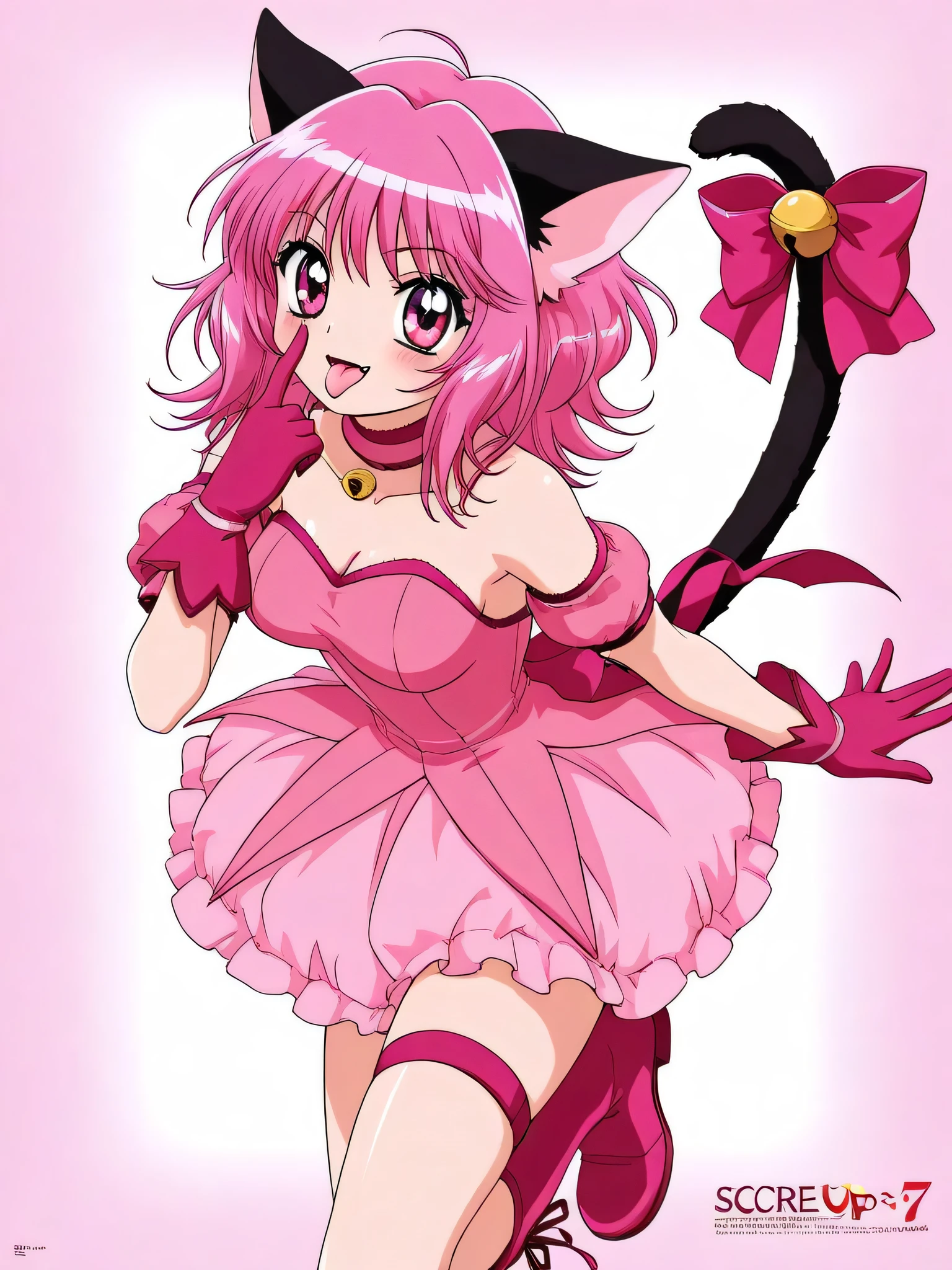 Anime girl in pink dress with cat ears and tail - SeaArt AI