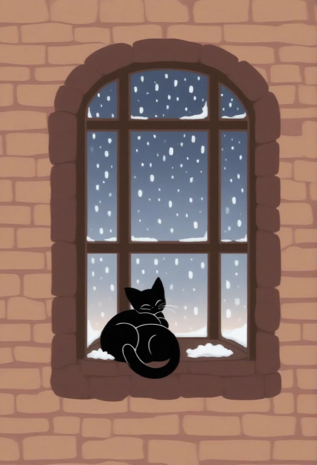 there is a black cat , a  digital paint by Yang J, trending on CGSociety,   Conceptual Art , 🌺 CGSociety,  beautiful illustrations, cat near the window,  cute detailed digital art ,  beautiful digital illustration,  cat.  digital paint,  just a joke , anime cat, anime visual of a cute cat, tA black cat is curled up asleep by the window. The fireplace is nearby and warm. out side the window it's snowing,