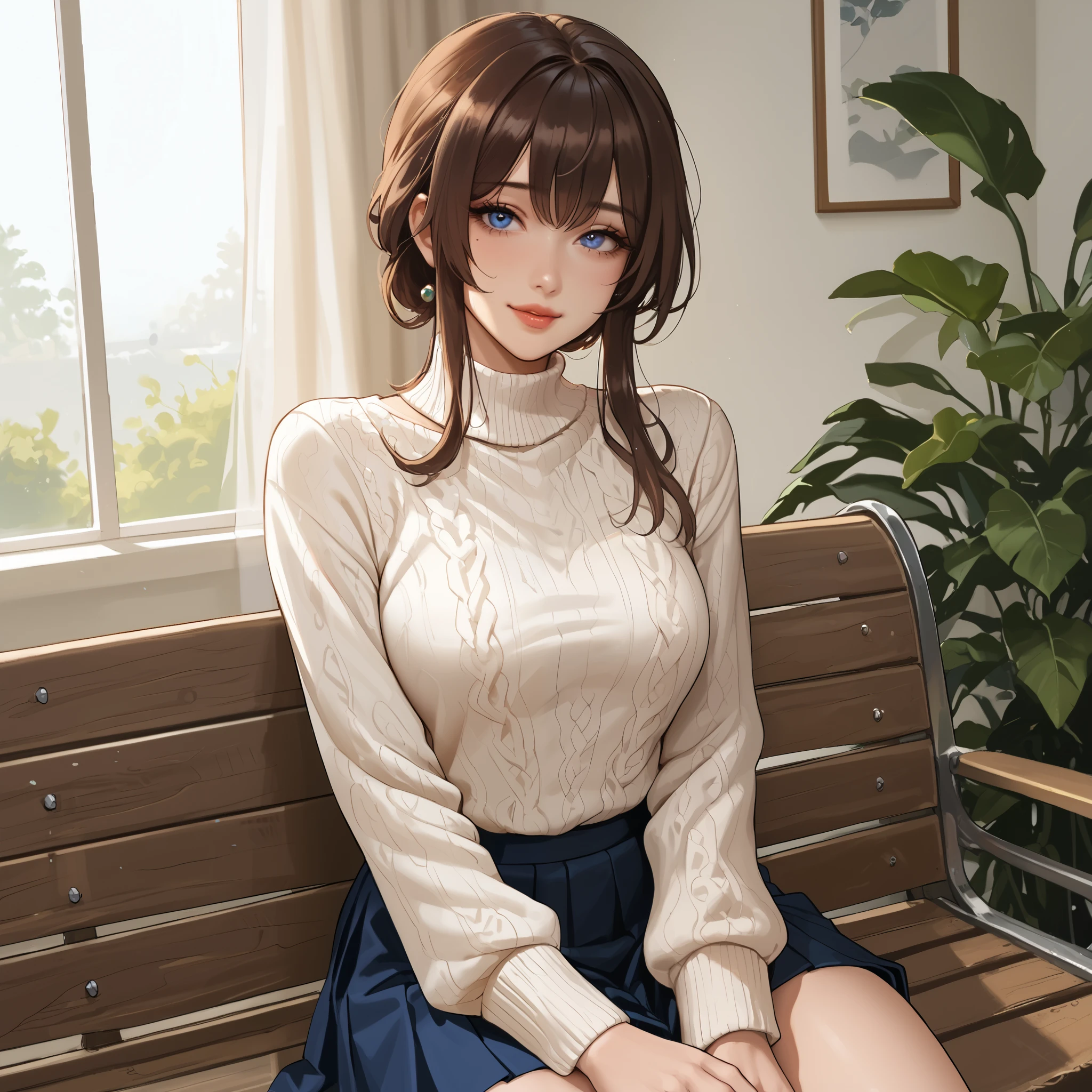 1girl, happy expression, adult, mature, perfect breast, medium breast, full round, curvy, very curvy, thick thighs, full lips, wearing korean cute sweater, pleated skirt, BROWN HAIR, azure, blue eyes, looking at viewer, sitting at bench, terrace, beautiful terrace. (Slim Body), portrait. (Morning:1.4), Kafka