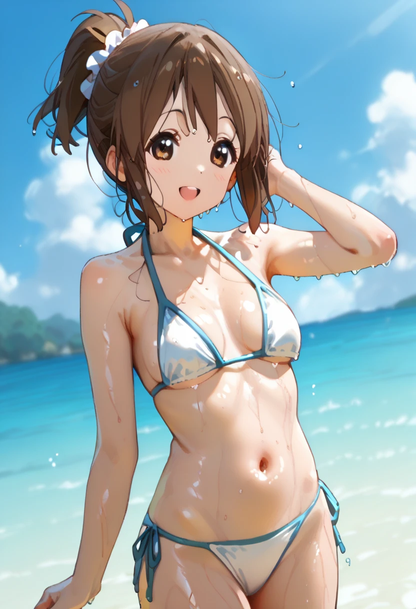 ((NSFW)),((cowboy shot )),  ((jinno megumi, brown hair, ponytail, brown eyes)), ((NSFW)),((Micro bikini - swimsuit with a small area)), (cameltoe:1.1)  (((Smaller chest))), Best Quality, (masutepiece:1.2), Highly detailed, 1girl in, Solo, raise a hand, Looking at the viewer, Open mouth, Smile, tooth,  Girl in 1, Solo, cowboy  shot,Depth field、light on face、Portrait、sunshine、sky porn、smile、((ocean, water, splash,))