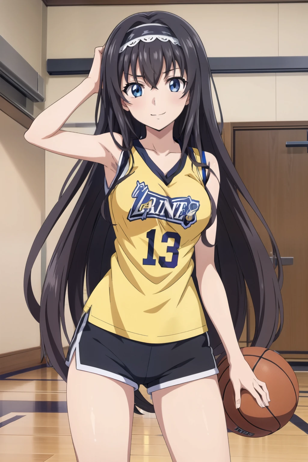 1 girl, cute, black long hair, (hair band), masterpiece, smile, (basketball uniform/tank top/shorts, ball, dynamic movement, shooting ball over head), (in front of basketball teams in the high school gym), (anime cels style, Masterpiece, best quality, high resolution, anime colored, anime style, anime key visual, sharp, 8k), beautiful blue eyes, (perfect detailed anatomy, perfect fingers, beautiful face, perfect legs) 