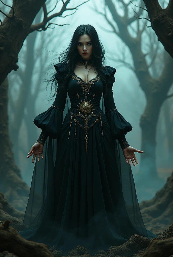 Imagine a powerful scene where a goddess is in the midst of transforming into a witch, blending divine elegance with dark, mystical energy. She stands in a dimly lit forest clearing, her once radiant and ethereal appearance slowly shifting into something darker and more mysterious. Her long, flowing hair, which was once golden and shimmering with celestial light, begins to darken and twist, turning into a deep midnight black with streaks of silver, moving like a living shadow around her.
Her eyes, once bright and filled with divine wisdom, are now changing. One eye glows with a faint, eerie green, while the other turns a deep, mysterious violet, both radiating a sense of arcane knowledge and power. Her expression is fierce and focused, caught between the serenity of her former divine self and the cunning of her emerging witch persona.
Her clothing also transforms in this magical metamorphosis. The flowing white robes she wore as a goddess begin to darken and twist, merging into a black, form-fitting dress adorned with arcane symbols and mystical runes that glow faintly in the shadows. The dress is layered with a long, tattered cloak made of dark, enchanted fabric that seems to shift and move with a life of its own, like smoke or mist. Her fingers, once adorned with delicate gold rings, now bear silver and iron rings with dark, arcane symbols etched into them, and her nails grow longer and sharper, like talons.
Around her, a swirling mist rises from the ground, infused with the colors of dark purples, greens, and blacks, as if the very air is charged with magic. The trees in the clearing seem to bend and twist as if reacting to her transformation, their branches reaching out like skeletal hands. Small, glowing orbs—perhaps spirits or dark energy—float around her, adding to the sense of mysticism and danger.
She holds a staff in her hand, a gnarled piece of wood topped with a glowing crystal that pulses with dark energy. The staff was once a symbol of divine power