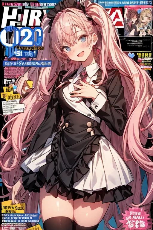 Make me an anime girl with curly pink and blue hair, with clock spring eyes, wonderland style, big black and red queen of heart dress, with a big red bow, and a mad hatter’s hat with duck sticking out of the hat, and a big wing, colorful dress, reference sheet back and front view