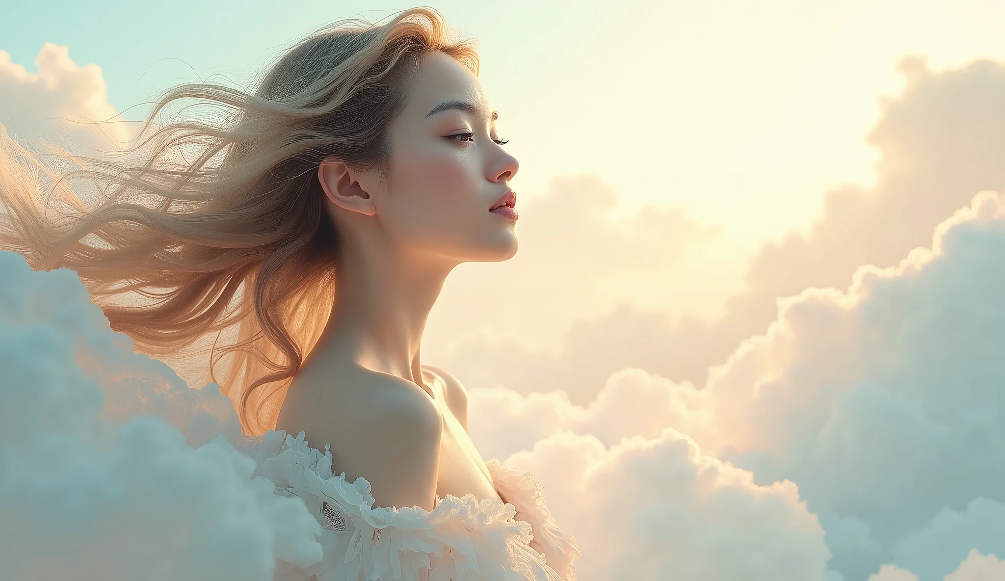 Arafed woman with long hair in a white dress in the clouds - SeaArt AI
