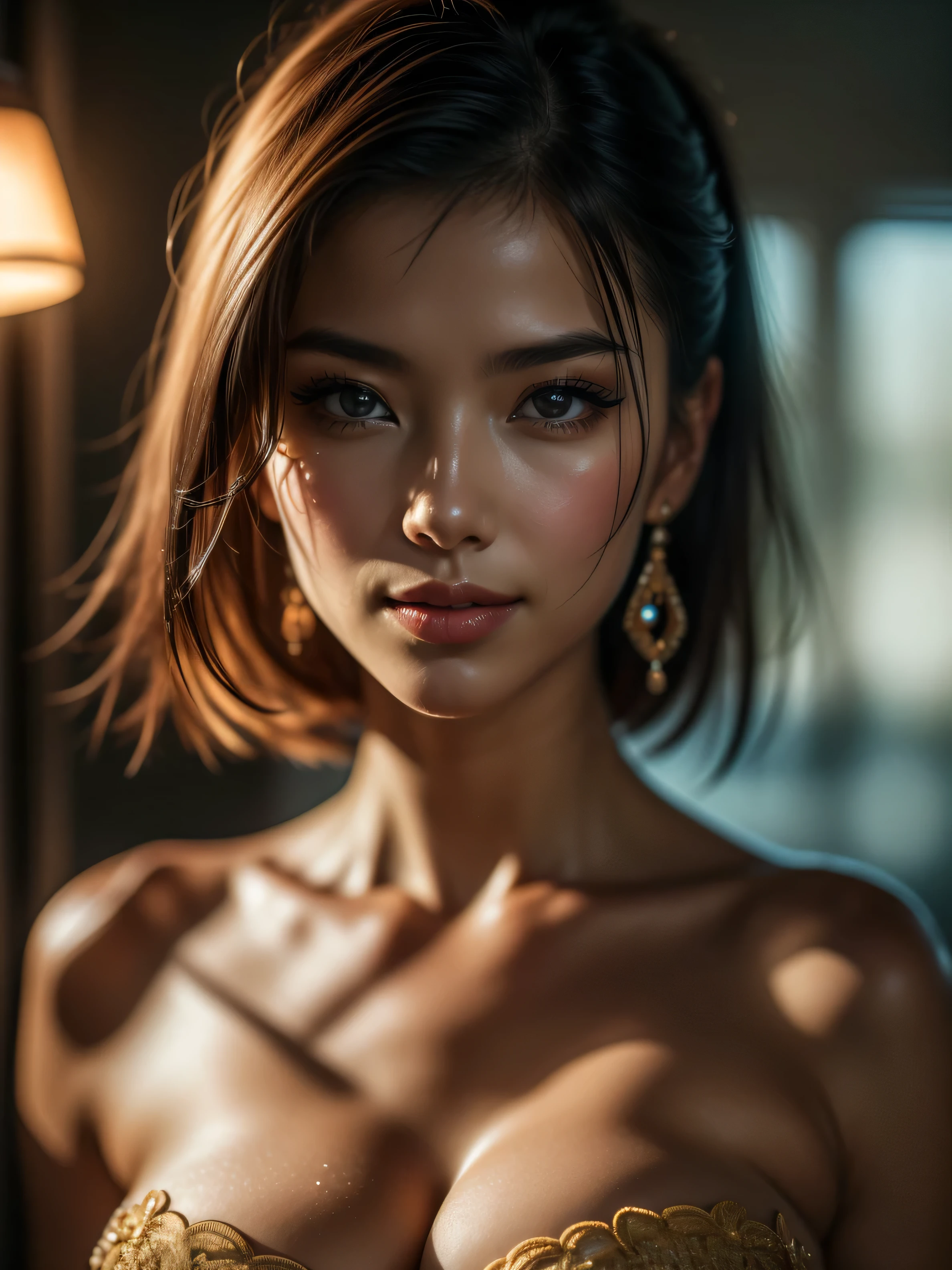 ((Masterpiece)), raw photo, Hyper realistic hyper-detailed half body portrait, UHD,  Captured with a Canon EOS R5, 1 mature woman, Extremely attractive Mature chinese woman, short hair, slender body, ((Natural Tear drop breast 1.7))Breasts naturally fall in a teardrop shape), Extremely detailed face, [(extremely detailed:1.5)|(matte:1.7)|healthy] human skin, (intricate detailed eyes, eye focus), she is wearing beautiful jewelry. Natural full lips, detailed facial features, provocative flirty smile, Studio lighting, romatic lighting, stunning use of shadows, high resolution, 4k, 8k