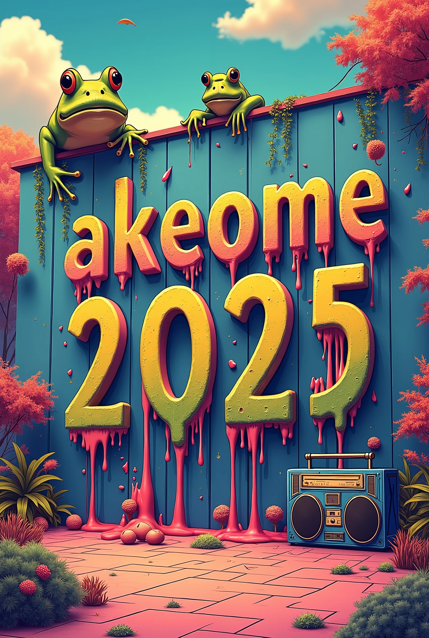 psychedelic style melting big text "Akeome 2025" on large wall, frog face, bear, stereo player, in art poster style,
