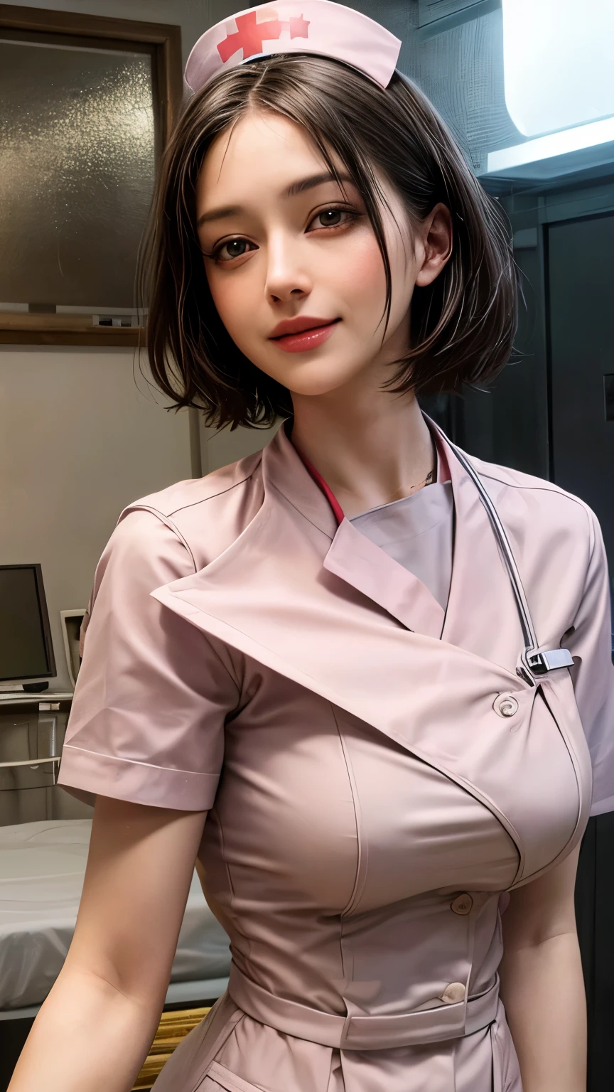 (masterpiece:1.5), (best quality:1.4), cinematic lighting, (1 girl), beautiful face, (realistic face), beautiful hairstyle, (short hair:1.5), realistic eyes, beautiful detailed eyes, (realistic skin), beautiful skin, (nurse costume:1.5), absurdres, attractive, ultra high res, ultra realistic, highly detailed, golden ratio, hospital room, smile
