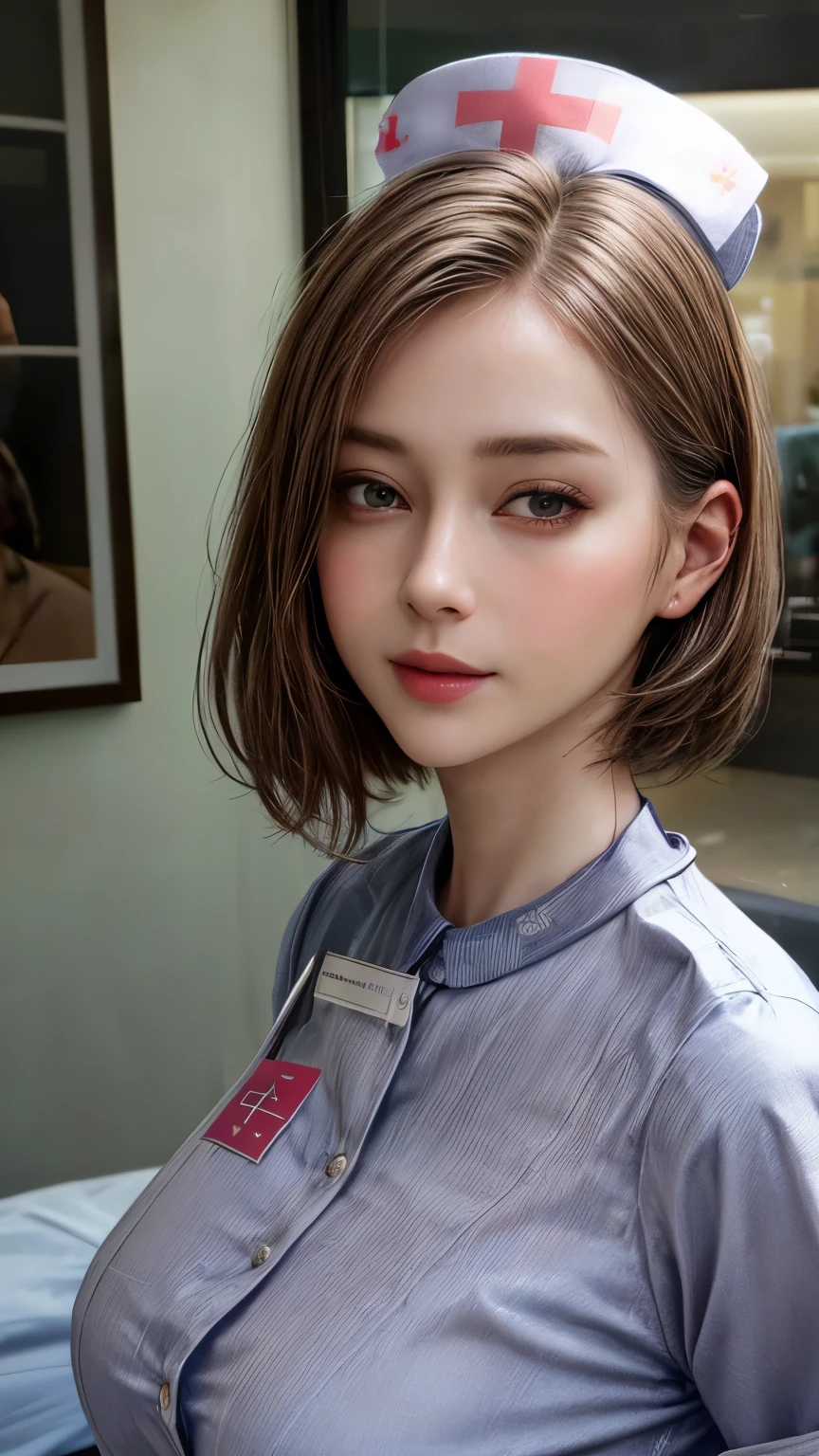 (masterpiece:1.5), (best quality:1.4), cinematic lighting, (1 girl), beautiful face, (realistic face), beautiful hairstyle, (short hair:1.5), realistic eyes, beautiful detailed eyes, (realistic skin), beautiful skin, (nurse costume:1.5), absurdres, attractive, ultra high res, ultra realistic, highly detailed, golden ratio, hospital room, smile
