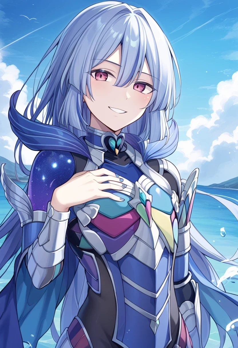 (score 9:0.9)、score 8 up、score 7 up、rating safe、anime style、(zPDXL)、(zPDXL3)、、 tearlaments Reinoheart 、1boy、 male focus、Alone、water、upper body、Blue Armor、blue gauntlets、looking at viewe、blue nails、smile、standing、sparkle、Beautiful Boy、slender body、 Blue Cloak、black under bodysuit、grain、evil smile、hand on own chest、