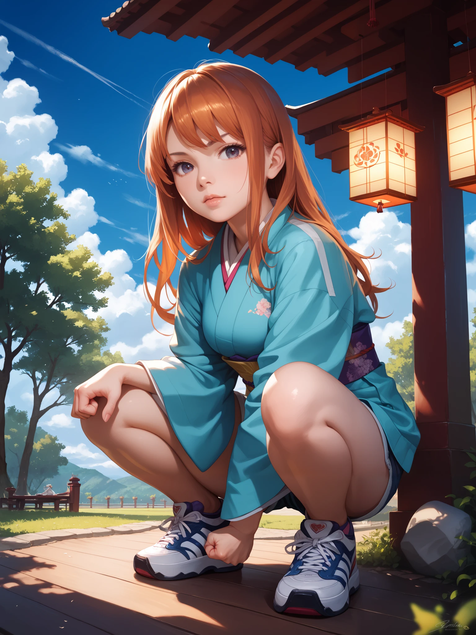 A beautiful girl wearing a short yukata with a white and red hem is crouching and touching her hair with one hand, looking at the camera, (((background blur))), sandals with nose cords, bare feet,