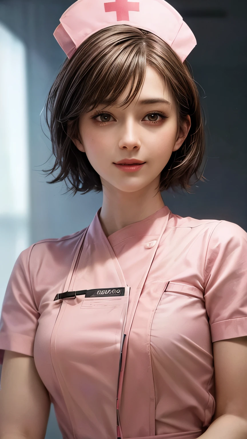 (masterpiece:1.5), (best quality:1.4), cinematic lighting, (1 girl), beautiful face, (realistic face), beautiful hairstyle, (short hair:1.5), realistic eyes, beautiful detailed eyes, (realistic skin), beautiful skin, (nurse costume:1.5), absurdres, attractive, ultra high res, ultra realistic, highly detailed, golden ratio, hospital room, smile