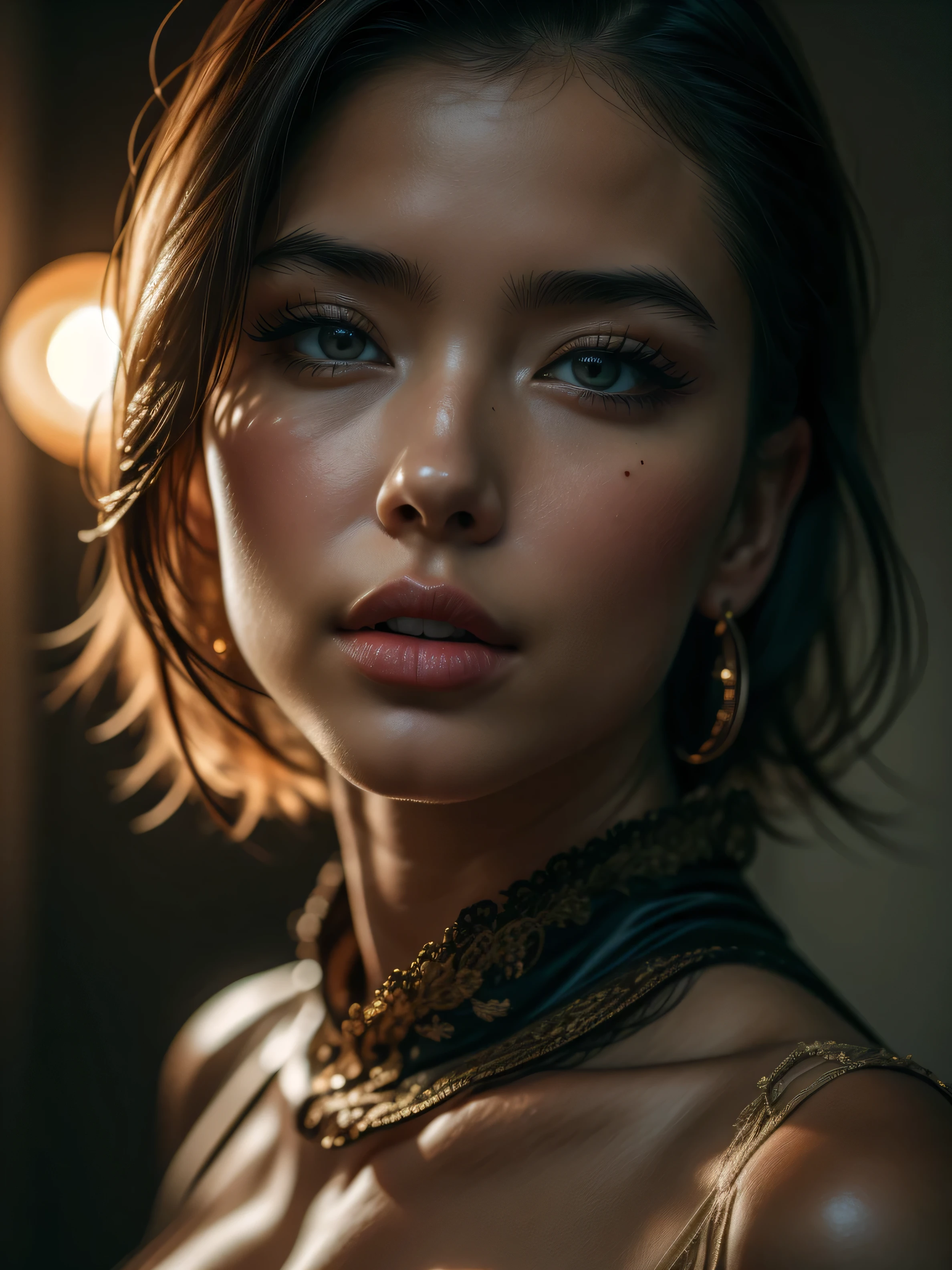 ((Masterpiece)), raw photo, Hyper realistic hyper-detailed half body portrait, UHD,  Captured with a Canon EOS R5, 1 mature woman, Extremely attractive Mature chinese woman, short hair, slender body, Extremely detailed face, [(extremely detailed:1.5)|(matte:1.7)|healthy] human skin, (intricate detailed eyes, eye focus), she is wearing beautiful jewelry. Natural full lips, detailed facial features, provocative flirty smile, Studio lighting, romatic lighting, stunning use of shadows, high resolution, 4k, 8k