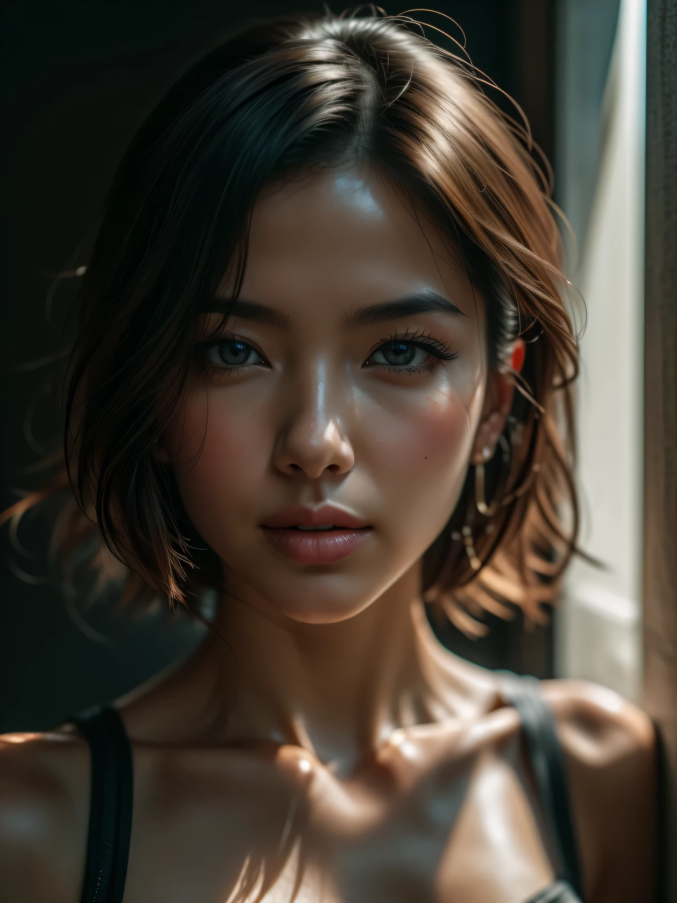 ((Masterpiece)), raw photo, Hyper realistic hyper-detailed half body portrait, UHD,  Captured with a Canon EOS R5, 1 mature woman, Extremely attractive Mature chinese woman, short hair, slender body, Extremely detailed face, [(extremely detailed:1.5)|(matte:1.7)|healthy] human skin, (intricate detailed eyes, eye focus), she is wearing beautiful jewelry. Natural full lips, detailed facial features, provocative flirty smile, Studio lighting, romatic lighting, stunning use of shadows, high resolution, 4k, 8k