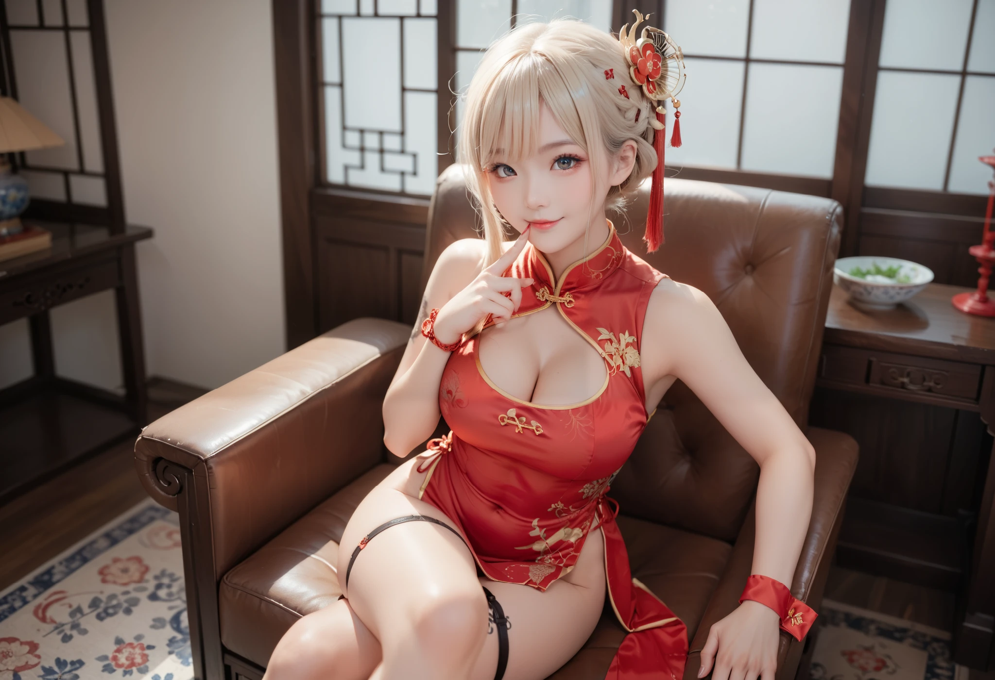 score_9, score_8_up, score_7_up, 1girl, lingsha, hair ornament, red limbs, china dress, sleeveless, cleavage cutout, single wrist cuff, leg tattoo, thigh strap, smile, closed mouth, sitting, crossed legs, finger to mouth, indoors, from above