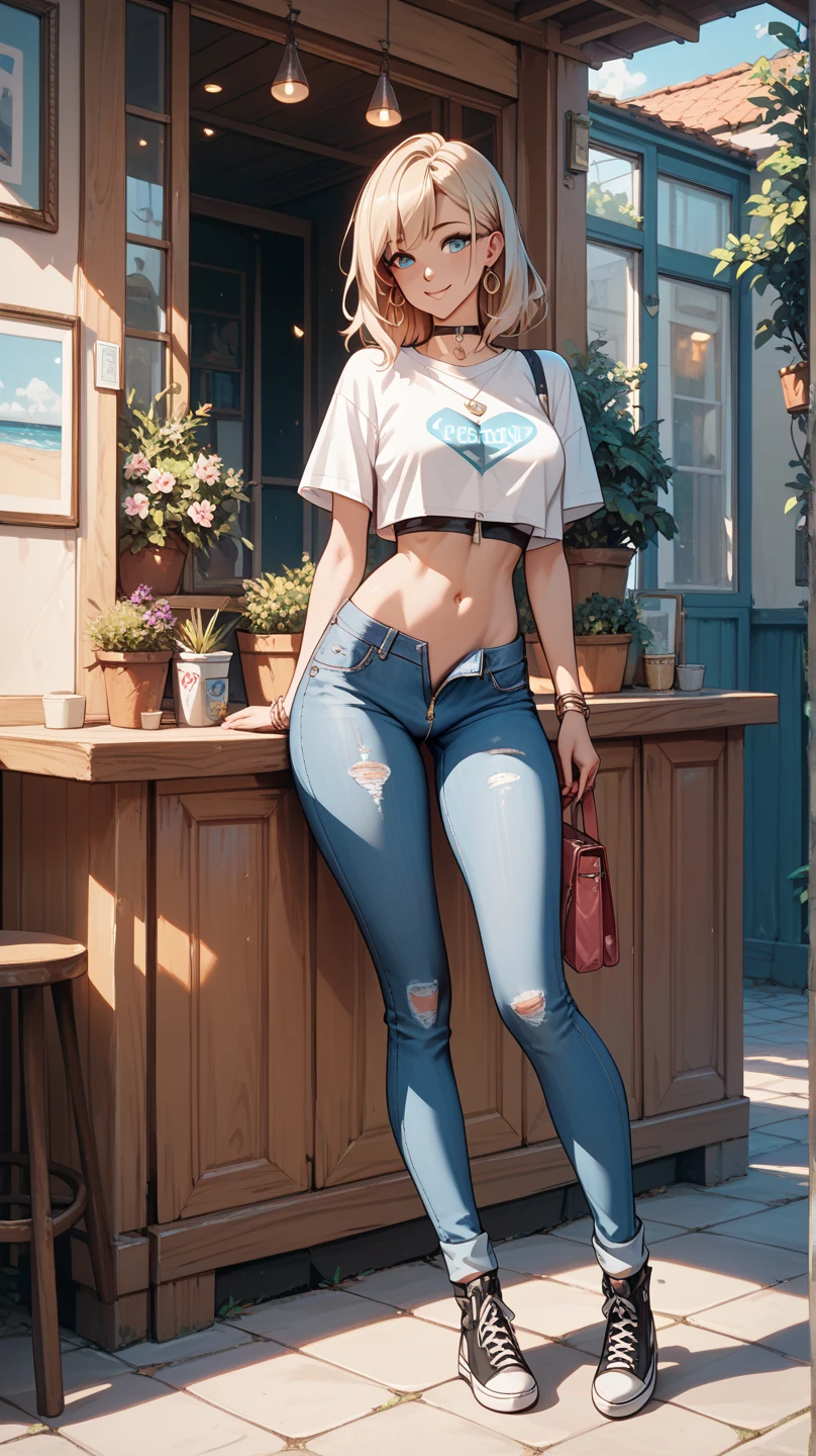 Cute , uncensored, pale, full body visible, jeans shorts, shot from back, crop top, futanari, erection through zipper