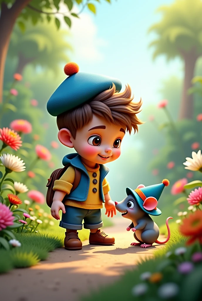 Create a magical fantasy-style illustration of a young boy named Léo in a colorful garden. Léo is smiling and looking at a small mouse, Remy, who is wearing a blue hat. The scene is vibrant with flowers, tall grass, and mysterious shadows suggesting hidden secrets