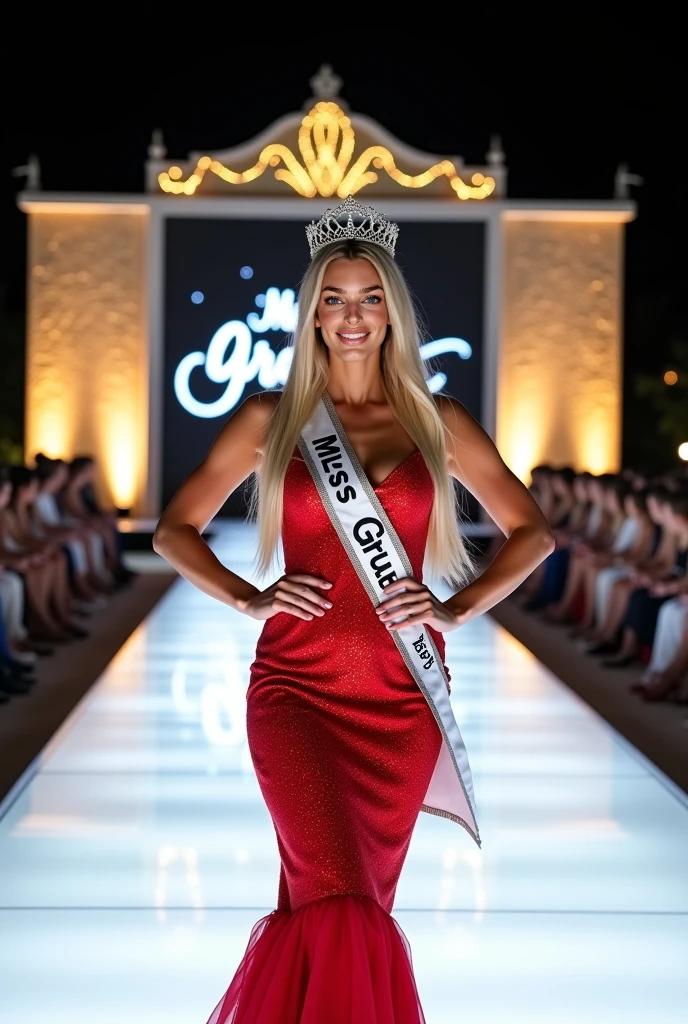 La concursante de Miss Estados Unidos, Candia Vandervoet, camina por la pasarela durante el concurso de Miss Estados Unidos en el casino mgm., Miss Universo, rendering of beauty pageant, fake images, Dasha Taran, 2 4 year old female model, bikini model, inspired by Louisa Matthíasdóttir, his hand is on her waist, Angelina Stroganova