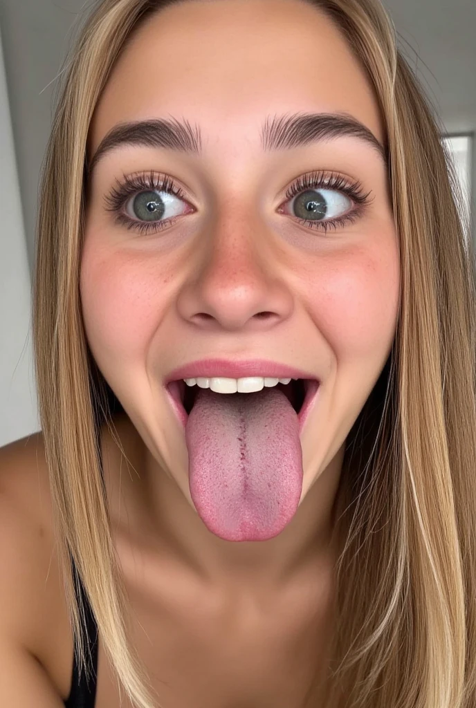 Japanese woman, beautiful girl, gal, blonde, baby face, highest quality realistic skin, eyes in focus, 20 years old, sticking out tongue, focus on mouth, open mouth, long tongue, saliva, open mouth wide, inside of mouth visible, open mouth and sticking out tongue