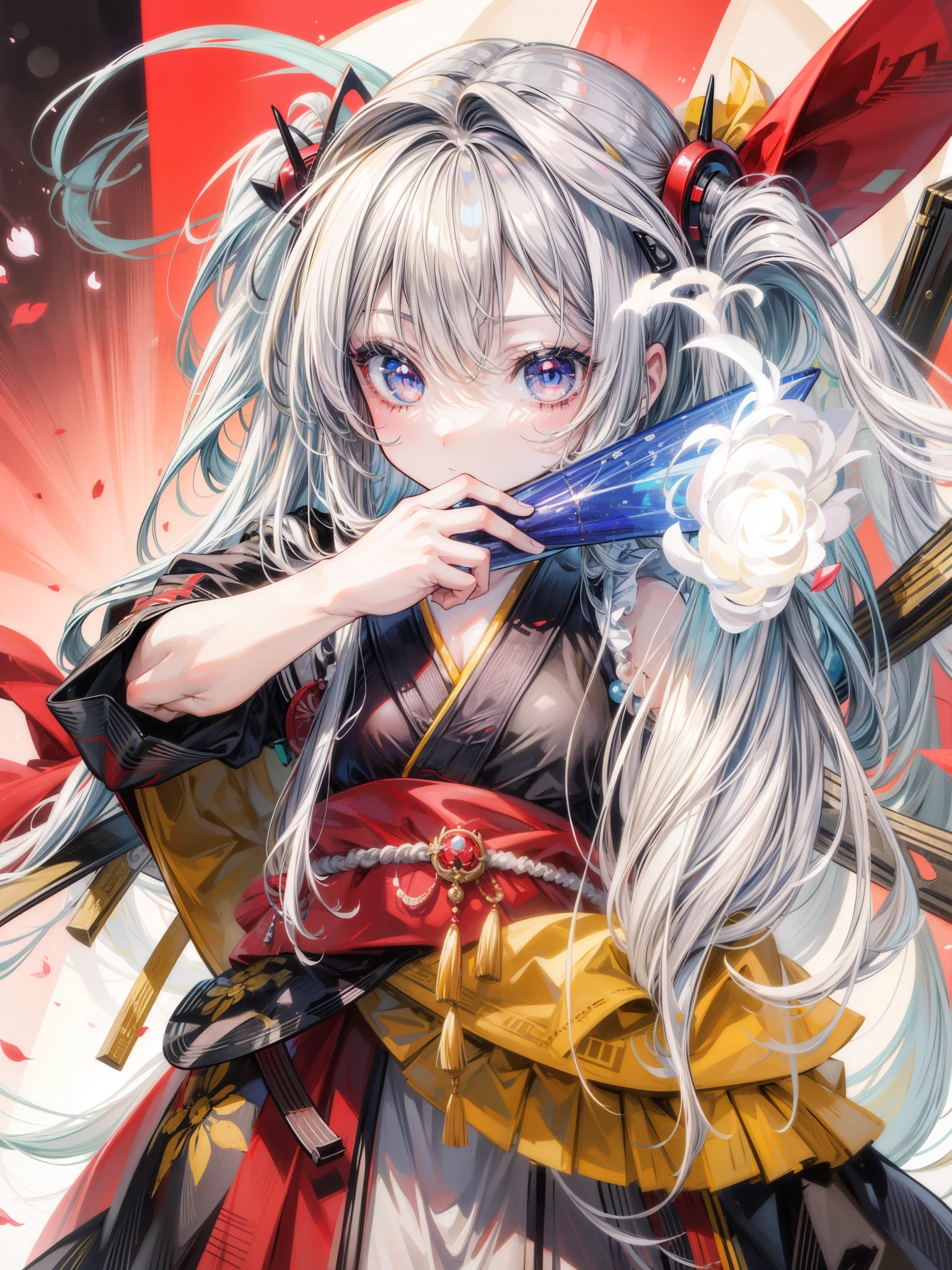 Pretty plush woman, Powerful Aura, masterpiece, Long white hair, red gradient at end of hair, Blue eyes, Wearing beautiful Japanese robes, Sitting in chair holding golden pipe, tattoos on her hands, well endowed, Beautiful fantasy office