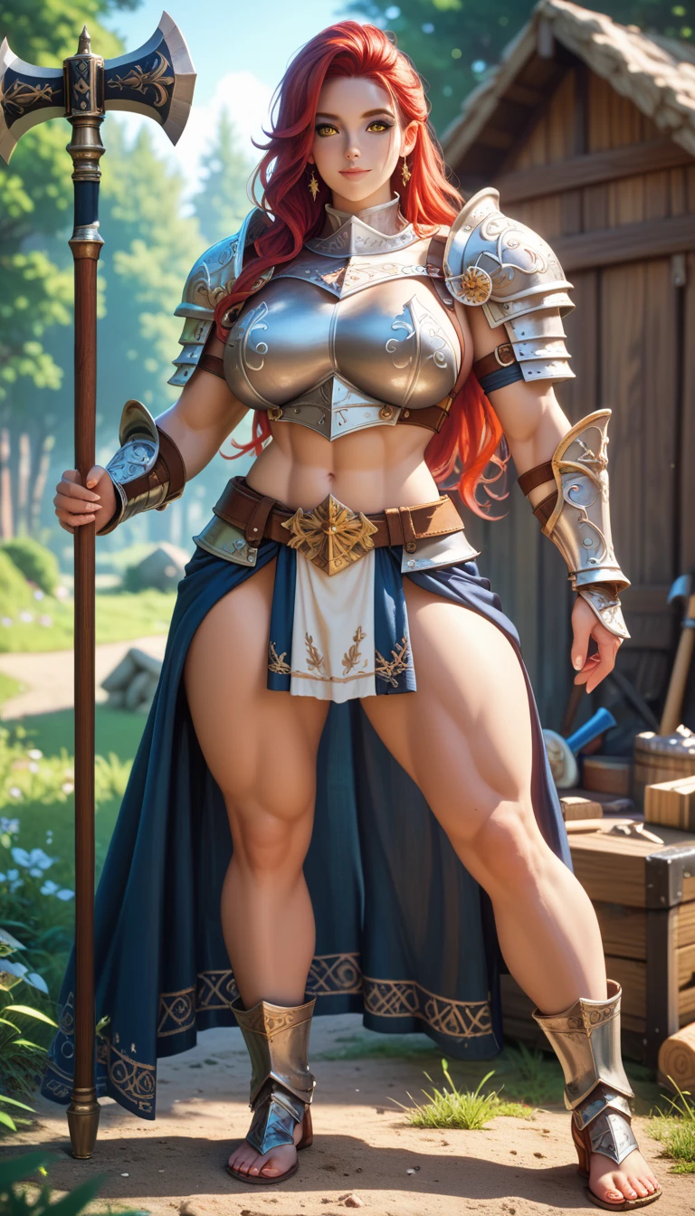 sfw, masterpiece, Best Quality, High resolution, detail hands, detail fingers, detail face, detail leg, perfect lighting, (1girl, solo, detail girl, 20years old girl), cute girl, (red hair, long hair, yellow eyes, large breast), (armor, hammer), (fantasy, camp, knight), (7 feet tall), (muscular:1.3)