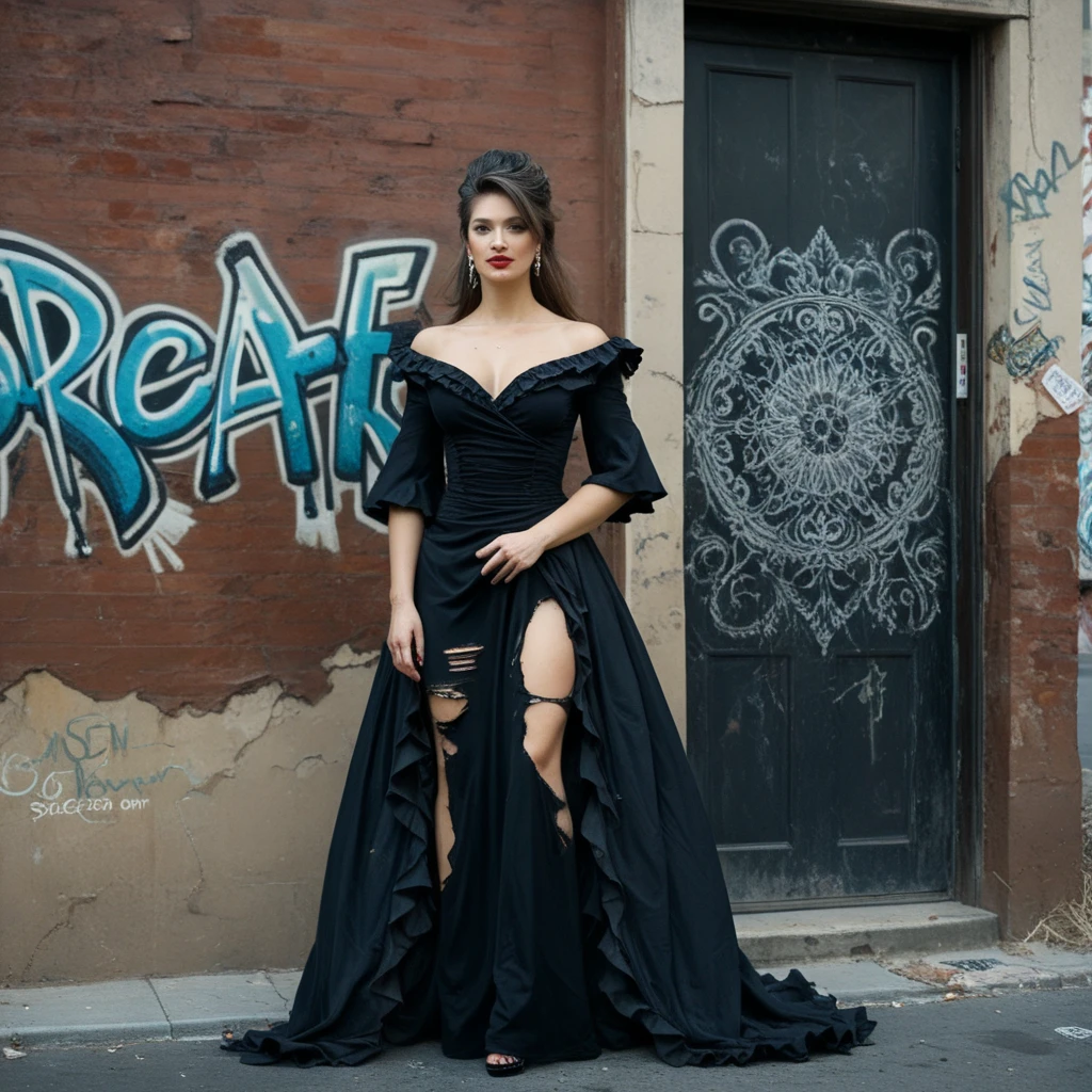 photo, (torn, ripped, fringed dress), street, (22 year old girl),   (Elegant chignon),(a discovery of a parallel dimension at the background:1.5),  (apocalyptic wasteland), (Leaning against a graffiti-covered wall, looking cool and urban in a street style pose.)