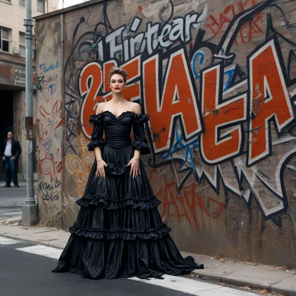 photo, (torn, ripped, fringed dress), street, (22 year old girl),   (Elegant chignon),(a discovery of a parallel dimension at the background:1.5),  (apocalyptic wasteland), (Leaning against a graffiti-covered wall, looking cool and urban in a street style pose.)