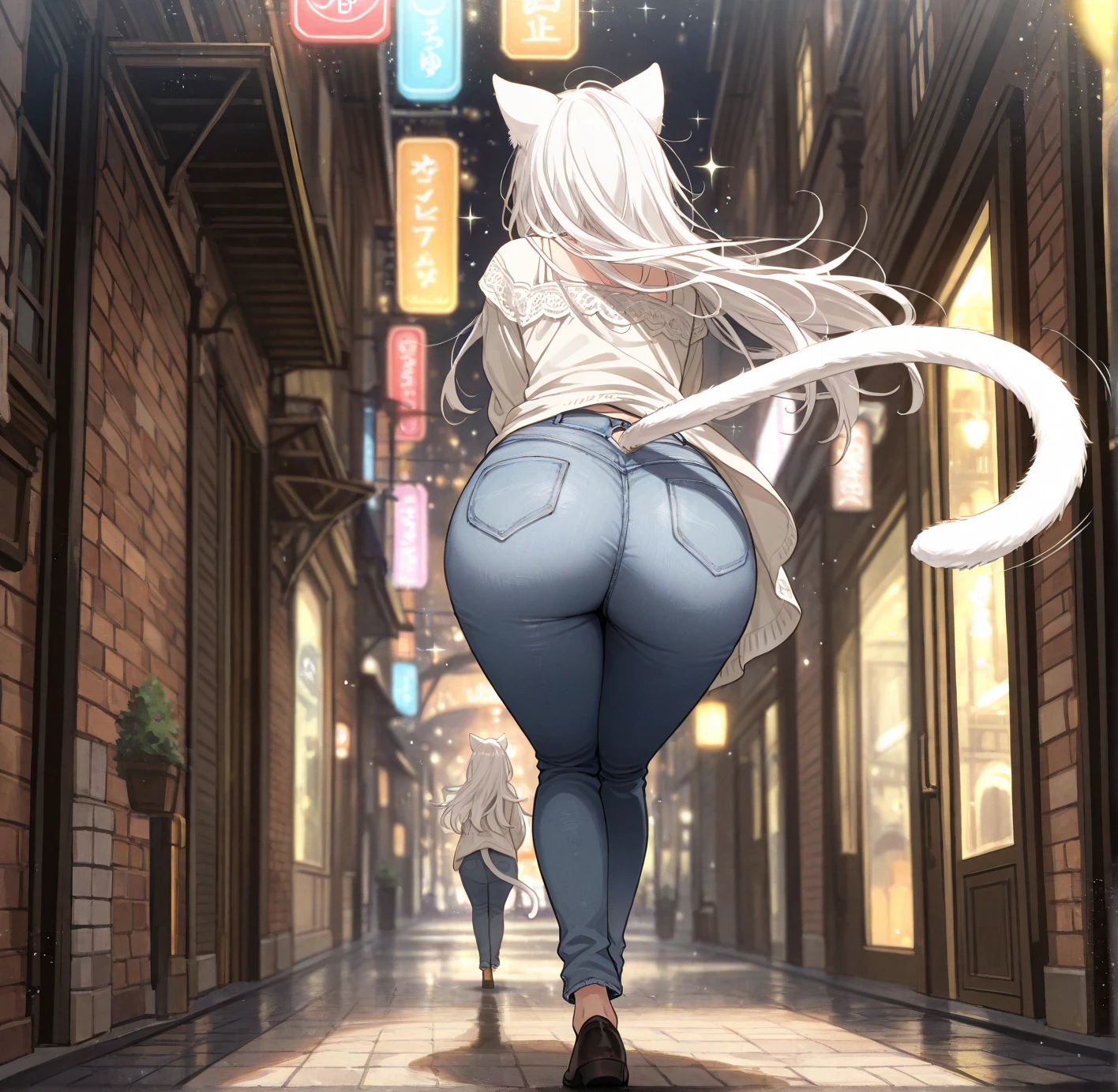 A girl with silver hair in a ponytail、girl with golden eyes、short girl、cute face、smiling、shy、beautiful skin、big breasts、has cat-like ears、has a tail like a cat、nude、Shoulders on the ground、face down、I can see your butthole、view from behind、A lot of sticky honey dripping from her asshole、She&#39;s showing off her ass、Crouching in the middle of a crowd in the city、There&#39;s a puddle of honey at my feet、Describe the ground beneath your feet