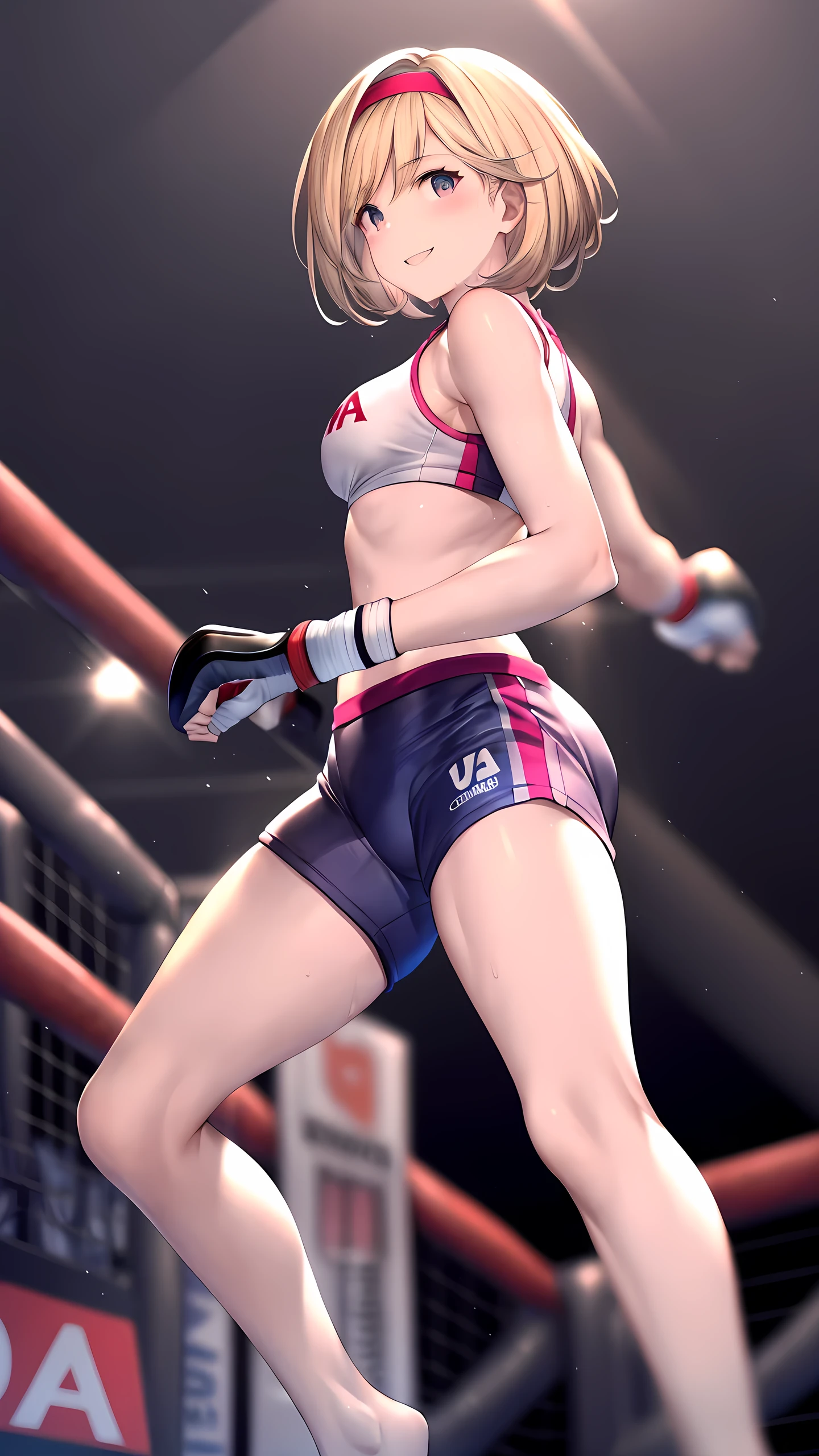 Best Quality, masutepiece, High resolution, (Photorealistic:1.4), Raw photo, 1 beautiful girl ,Dynamic Angle,Female boxer ,small head, nice legs,Glowing skin, Sweat,At the boxing venue,(Detailed beautiful face:1.4),detailed skins,Detailed eyes,detailed hairs,Punch your fist straight,Cute Girl,Pretty
