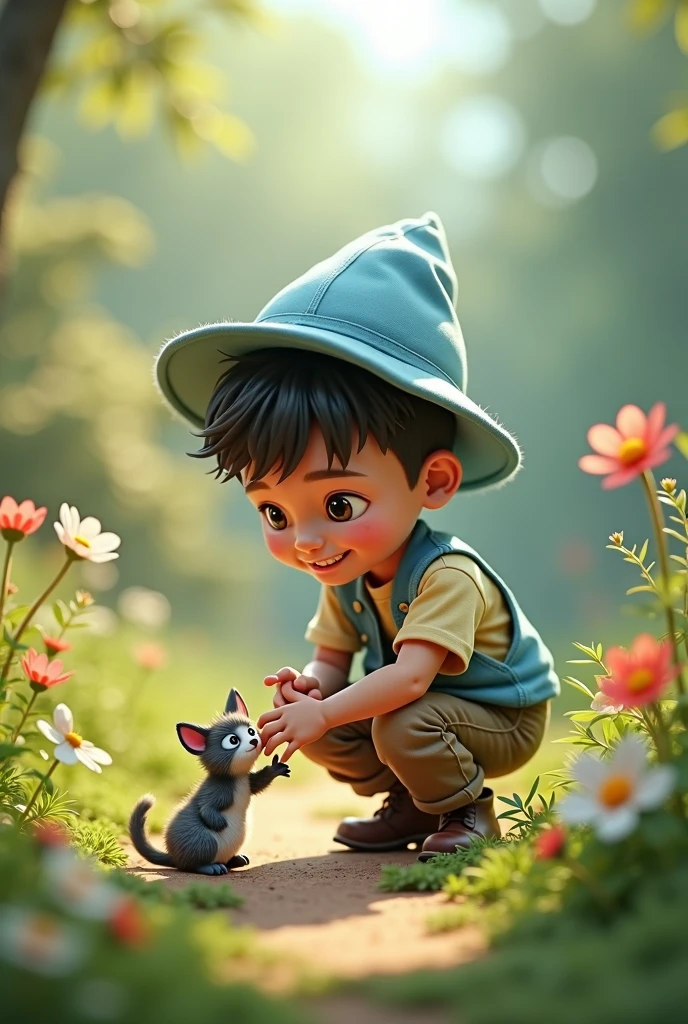 Small strong chubby tall child with short black wavy hair tanned skin bright green eyes in simple clothes serene appearance playing with a cat in the beautiful forest with wolves realistic