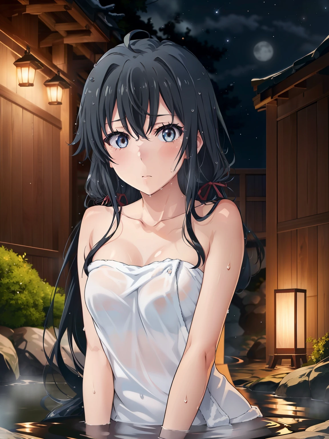 (( top quality, high resolution, perfect pixel, 4K)), ( beautiful anime girl ), depth of field、
Watching Viewers ,
perfect body,
yukinoshita yukino 、 black hair、 long hair、
naked towel, wet hair、
(blush、sweat:1.1)、
glowing skin、
hot spring、Japan、night、steam,