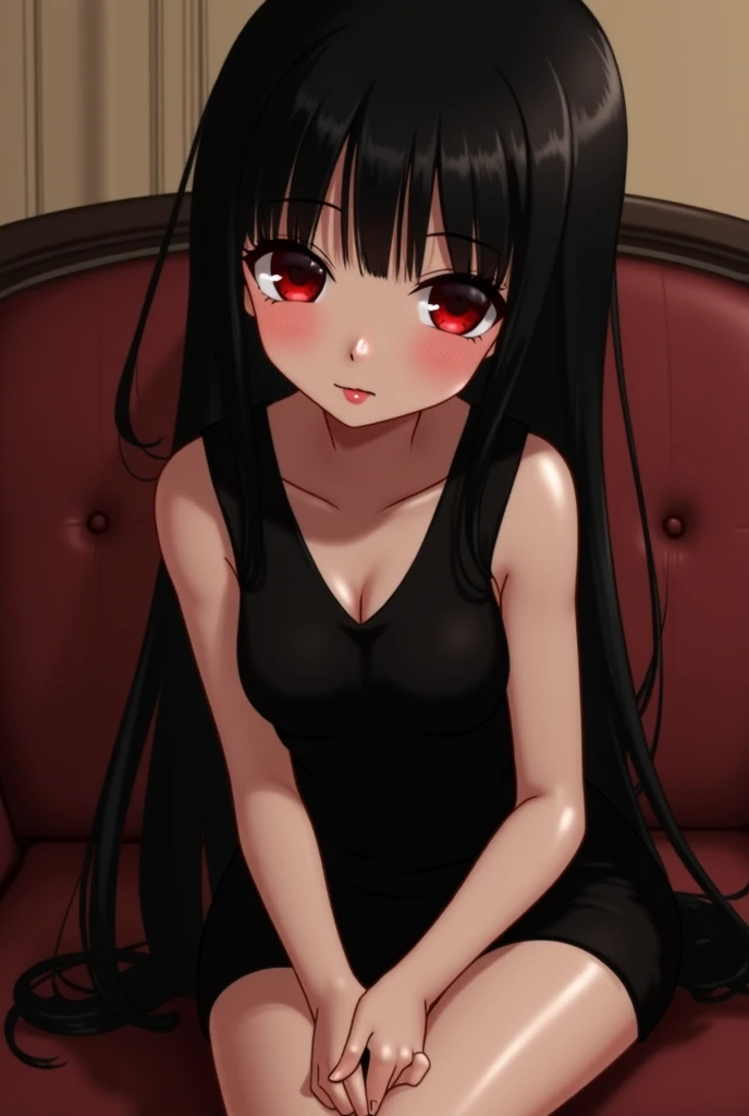 A very beautiful anime girl, big black hair, beautiful red pupils, focus on the thighs and feet the legs will be bare