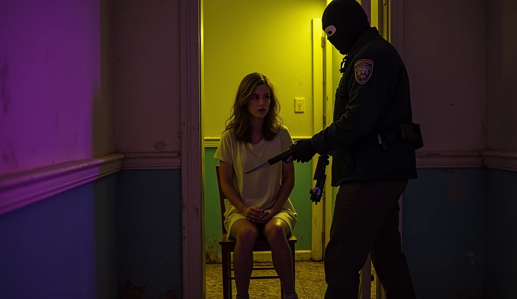Girl with a blindfold , missing legs and arms , She has shackles around her neck that stretch to the wall of the prison cell , She is wearing torn clothes , there are spiders crawling around her , gloomy atmosphere
