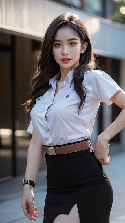 (8k, high resolution,Masterpiece, best quality, alone, complicated details, Chromatic aberration), realistic, ((small breasts)), ((small breast)), ((small breast)), (Chest sagging.), hair in one eye, big round hoop earrings, Diamond choker, gold necklace, silver necklace, small watch, bangle, bracelet, Anklet, Waist necklace, (symmetrical eyes),(Perfect symmetrical body), (Photo of a beautiful teenage girl of 24 years old), Beautiful and charming with contemporary fashion paintings as well., looking at the audience, ((Behind the scenes of a large classroom)), (black short skirt), (((Wear a blue shirt over it., ((White short sleeve shirt), (Open your shirt.), )), (open chest), (Chest sagging.))), (()), (Long square leather belt buckle), ((Put your hands down.)), (bob, medium length hair, Side flatness, Blonde hair, (There is a thin layer of hair covering the face.)), sharp eyeliner, eye shadow, Blush, with thick eyelashes, Sharp eyes, purple eyes, pink cheeks, Very delicate and beautiful, round chin, Sharp focus, elegant, (Open your legs fully on the study table.), (Sit with your head turned away with your legs open.), (Open your legs and lift your right leg apart from your left leg.),
