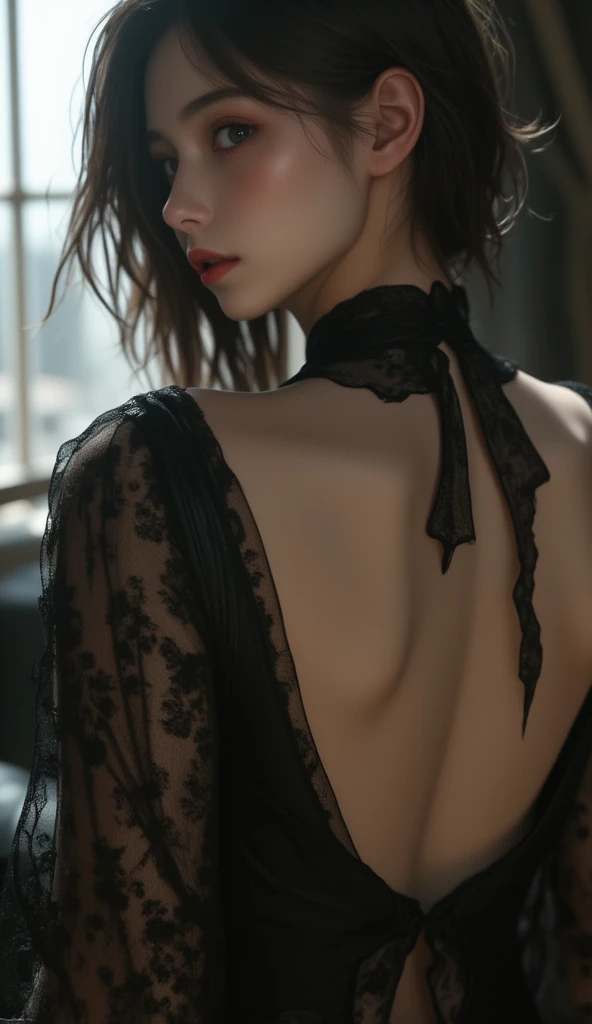 (back pose:1.3), (Best quality, 8k, Masterpiece:1.3), black lace dress, (Back view:1.2), big eyes, turning back, sexy pose, (dramatic lighting:1.1)