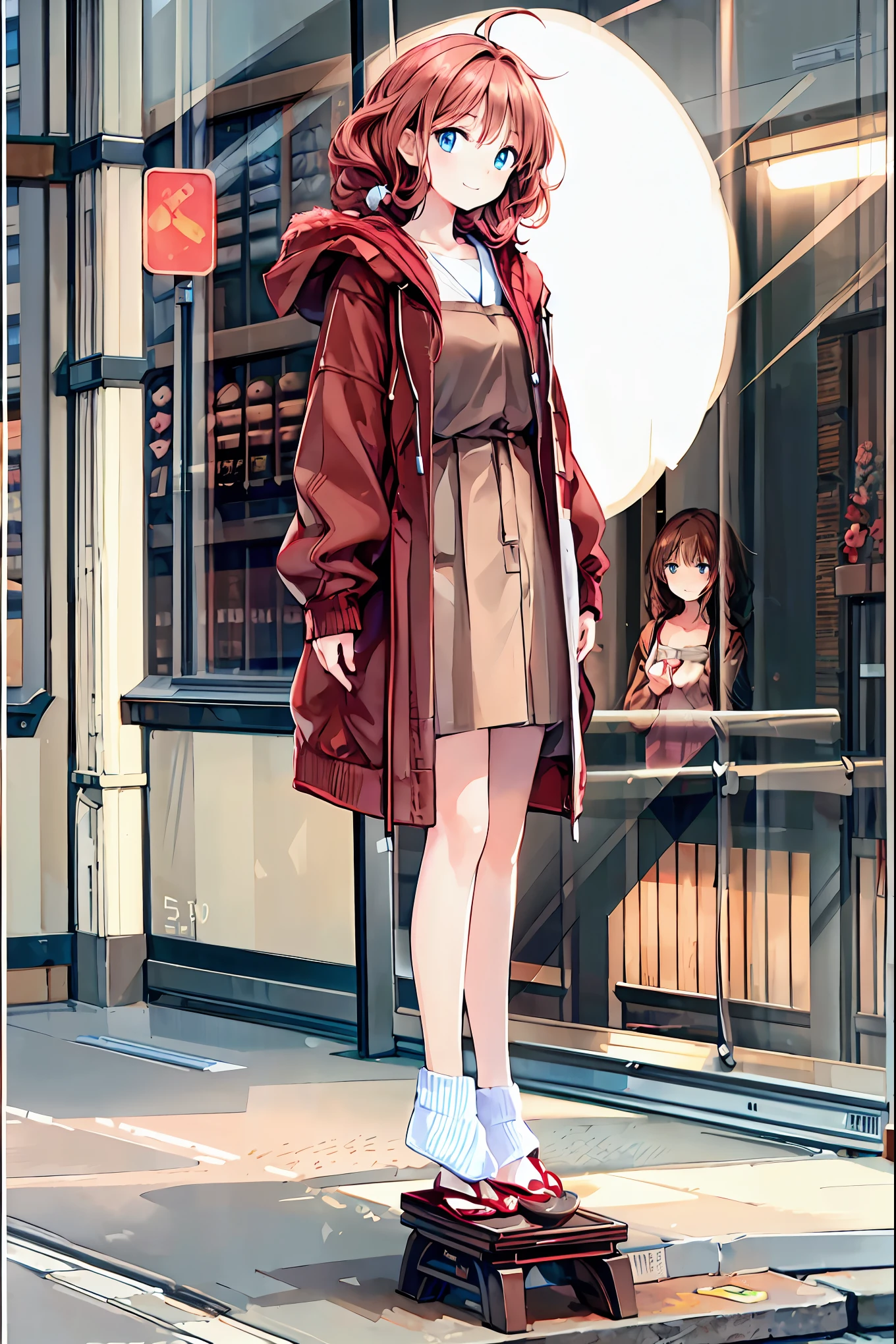 Winter clothes、Red coat、Bare legs、(   Top Quality ,masterpiece:1.3,    Ultra Fine ),(    very detailed,    caustics,8k),(    realistic :1.4,RAW shooting),18 years old,    Japanese    ,    cute,  Looking at the camera and smiling   ,(    Focus on Face   :1.2),(    face close-up   :1.2),(Low position:1.3),(    low angle:1.4),  brown hair，    shortcuts，    slender beauty    ，    messy hair，Cityscape，  brown hair，   shortcuts，   tousled hair ，  short braided hair，Neat，  Slender and beautiful woman ，Correct posture，  small breasts，   Beautiful Legs，   Enchanting gray-blue eyes shine like stars，Droopy eyes，   bright color ,   beautiful eyes,A delicate smile,  Textured Skin, BEST QUALITY BEST   ,   A humorous parody of a gentle and beautiful woman   ,   anime style､