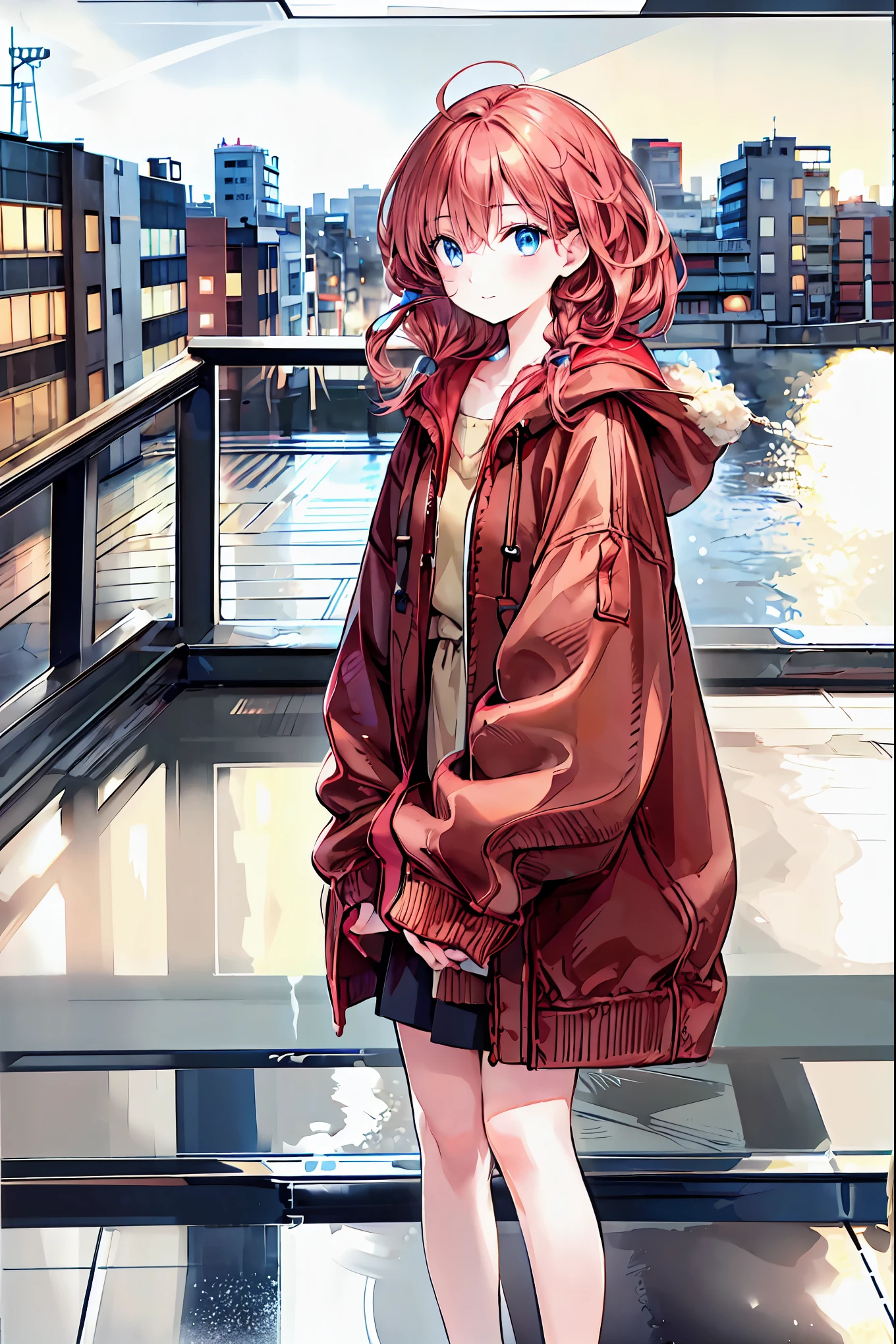 Winter clothes、Red coat、Bare legs、(   Top Quality ,masterpiece:1.3,    Ultra Fine ),(    very detailed,    caustics,8k),(    realistic :1.4,RAW shooting),18 years old,    Japanese    ,    cute,  Looking at the camera and smiling   ,(    Focus on Face   :1.2),(    face close-up   :1.2),(Low position:1.3),(    low angle:1.4),  brown hair，    shortcuts，    slender beauty    ，    messy hair，Cityscape，  brown hair，   shortcuts，   tousled hair ，  short braided hair，Neat，  Slender and beautiful woman ，Correct posture，  small breasts，   Beautiful Legs，   Enchanting gray-blue eyes shine like stars，Droopy eyes，   bright color ,   beautiful eyes,A delicate smile,  Textured Skin, BEST QUALITY BEST   ,   A humorous parody of a gentle and beautiful woman   ,   anime style､