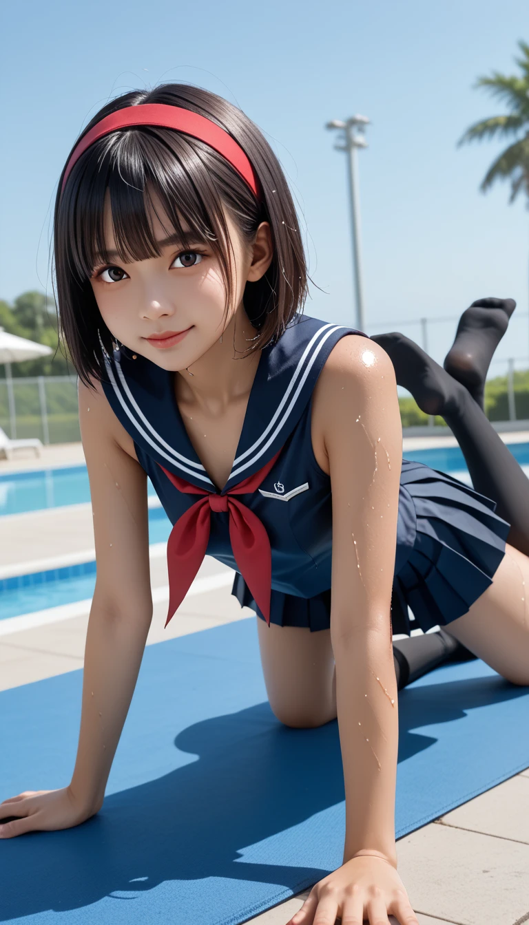  wet Japanese female middle school student 、masterpiece 、  top quality 、  ultra high definition、 realistic、 beautiful lighting arranged in an orderly manner、  RAW photos 、4K Ultra HD、  super detailed face、Clear Face、Detailed eye、 beautiful eyes、smile、1080P、 tan dark skin 、 black hair、 short bob cut , bangs、 Ponytail、 horny 、 skinny young gravure idol 、((prone bone、 lies down、Lay a mat、Stretch your legs))、 rear view、Detailed eye detail，目 with beautiful details，  glossy lips ，  double eyelid ，  has long eyelashes、 Red Headband 、 white gloves 、(((wearing a matte black compression shorts under a skirt)))、((( small chest with tension、Separated Breasts 、 tight breasts)))、(( blue sky、Outdoor Pool、 blur background)),(((Wet Japanese Female Middle School Student 、 Red ribbon、 navy sailor color 、sailor cuffs、 pleated skirt 、 black high socks)))、( perfect anatomy)、   thin beautiful thighs 、 beautifully manicured hair 、 oily skin 、Five fingers、Two arms、2 Legs 