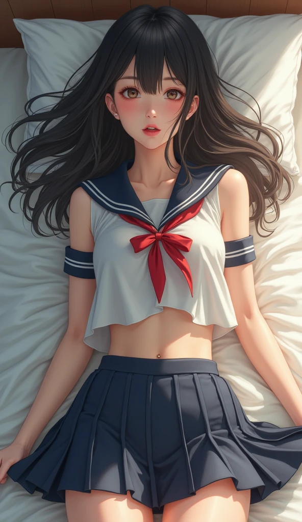 Sleeping Girl, 20 years old, Realistic,Sailor Moon Cosplay,Open legs, Expressions of satisfaction and relief, Brown hair. Pink bed theme and some cute stuffed animals on the bed,An ultra-high picture quality,high-detail,Navy blue sailor skirt,