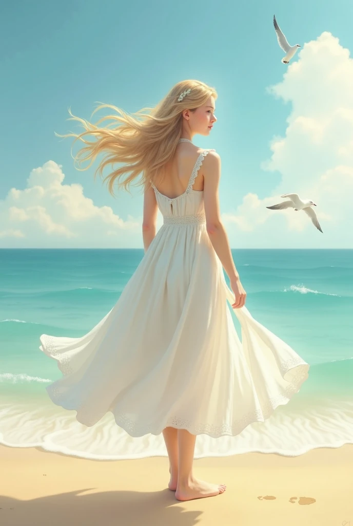 masterpiece, minimalistic graphic art, ((watercolors)),((brushstrokes)), aquarel painting of the most beautiful woman sitting on the beach watching the sea, white ((transparant see-through dress)) flowing in the wind, long blond hair flowing in the wind, white background, backlight, volumetric lighting