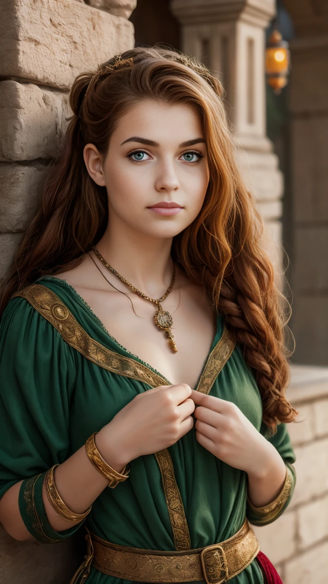 ((8k)),((FanPri )),((medieval)),((perfect eyes, detailed skin ,skin blemish)),((detailed skin ,skin blemish)),((View diagonally below)),((( a  girl,))),(( small breasts)),(Elf princess),(cute),( beautiful ),(cute),(( perfect body )),((short red wavy hair)),((green eyes)),((Red lips)),(smiles),( Look at the camera),(penetrating gaze),(( wears valuable jewelry)),( little fantasy warrior mind),(wears short green elf robe with gold ornaments),Fantasieland,Castle wall ,Ruin,Burg,burghof, warrior crown ,Epic light and lighting,heroic pose ,graceful,Elegant