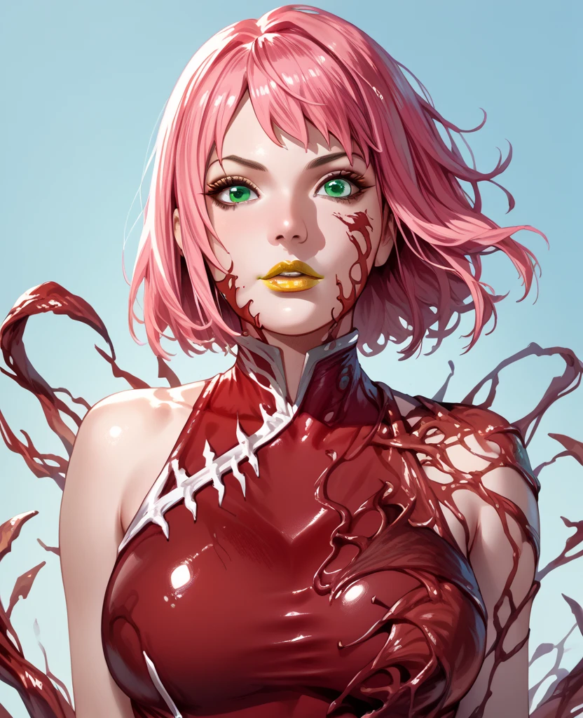 woman, big breasts, pink hair, white skin, yellow lipstick, anime style, green eyes, red costume, Carnage, symbiote, red symbiote, Sakura Haruno