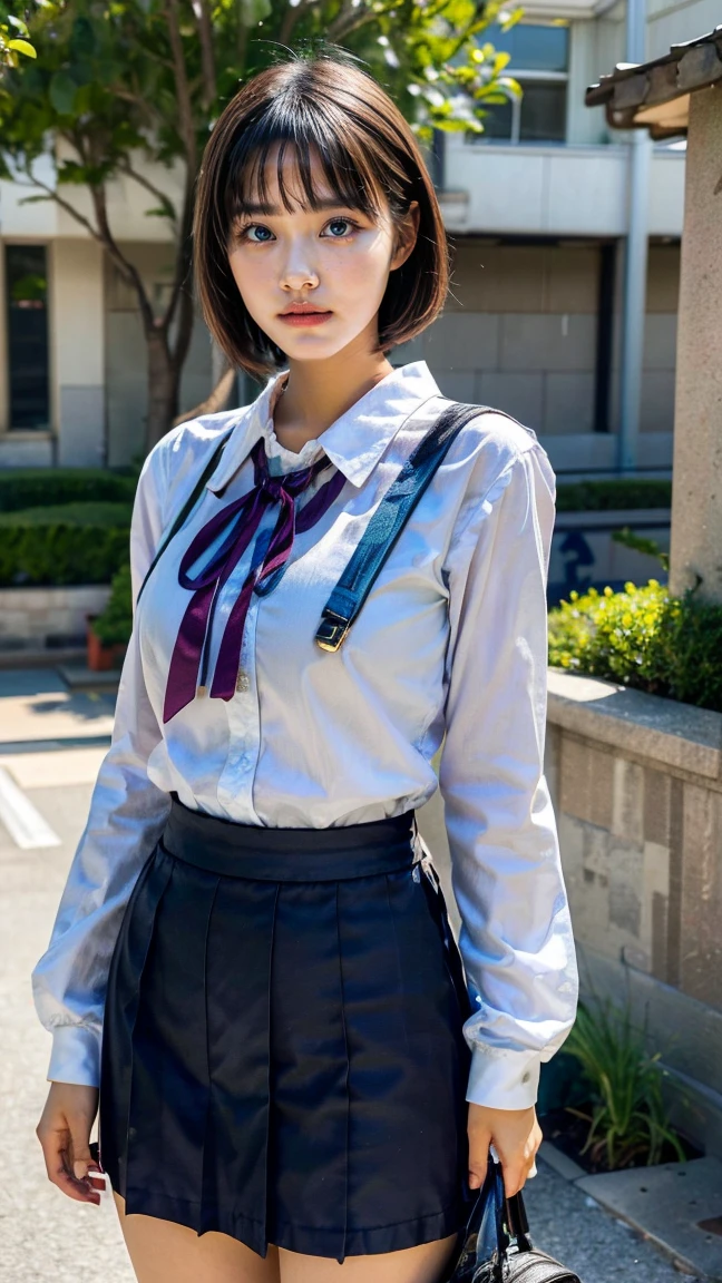 a beautiful 18 year old Japanese high school girl with perfect anatomy, healthy thighs, beautiful legs, beautiful skin, random hair color and style, large breasts, (wearing a Japanese schoolgirl uniform:1.3), (she is standing:1.2), penny loafers, holding a student bag, full body shot, standing on a city street, (best quality,4k,8k,highres,masterpiece:1.3),(extremely detailed:1.2), photorealistic, ultra-detailed, vivid colors, studio lighting, professional, harananoka