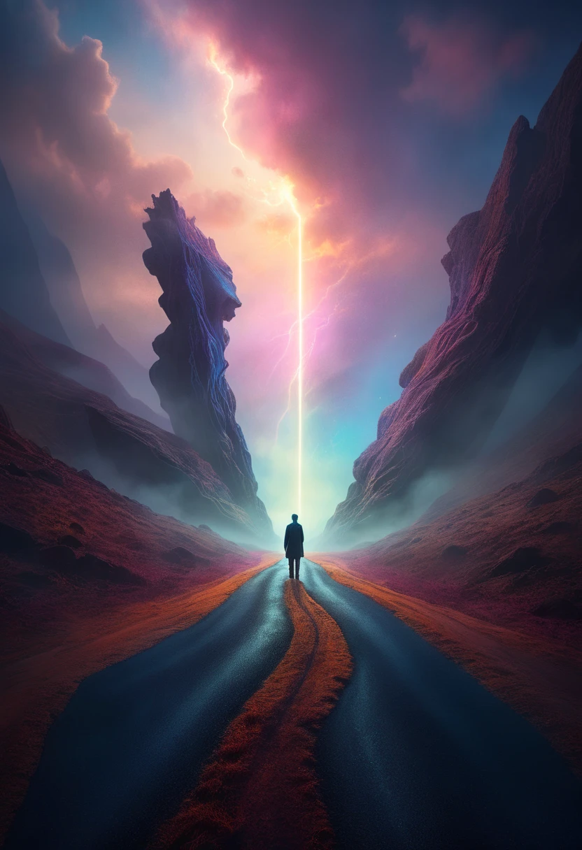 a surreal, photorealistic landscape at the end of the road, a lone figure standing amidst a dreamlike, hazy environment, dramatic lighting, moody and atmospheric, highly detailed, cinematic, award-winning digital art, 8k, hyper-realistic, intricate details, vibrant colors, dramatic shadows and highlights