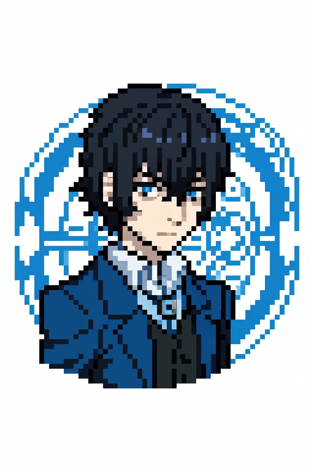 Black hair, anime boy, pixel, anime hairstyle, pale skin, blue eyes, small nose, cold stare expression, slender build, wearing a blue jacket, white shirt. Side face look, Clockwork factory